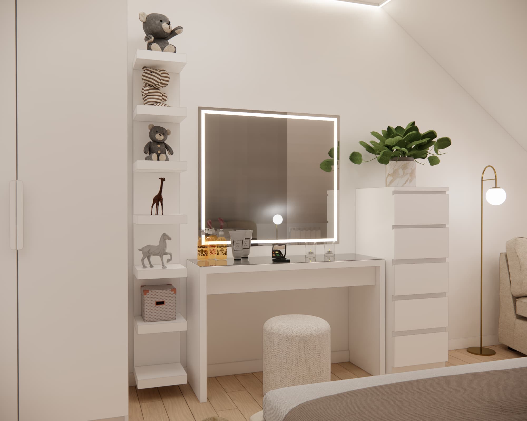 White dressing table with an illuminated mirror in a 7-year-old girl’s room