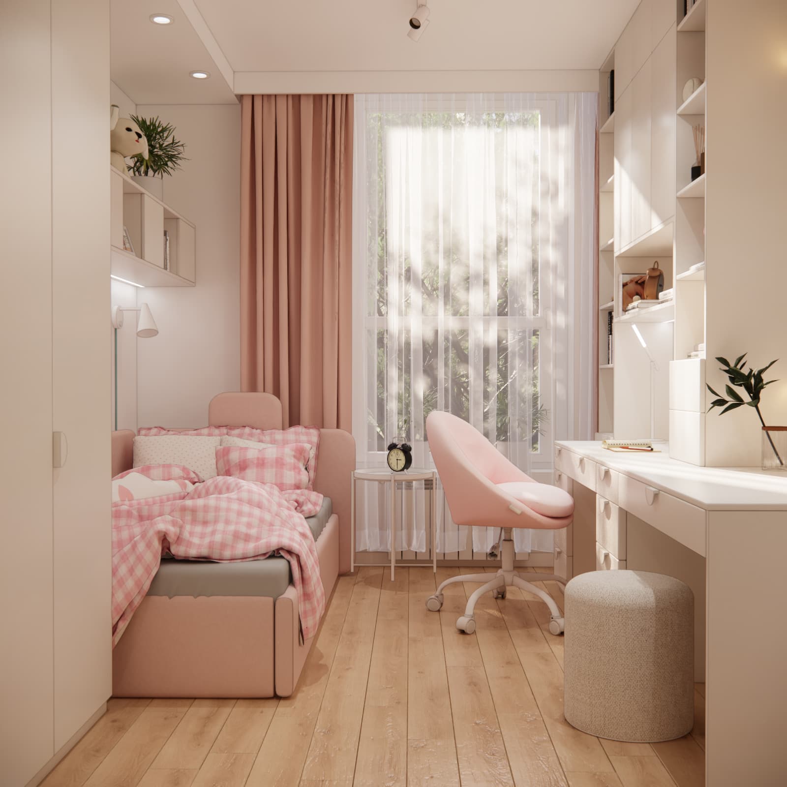 Bed and built-in desk furniture along opposite bedroom walls, with a walkway through the centre