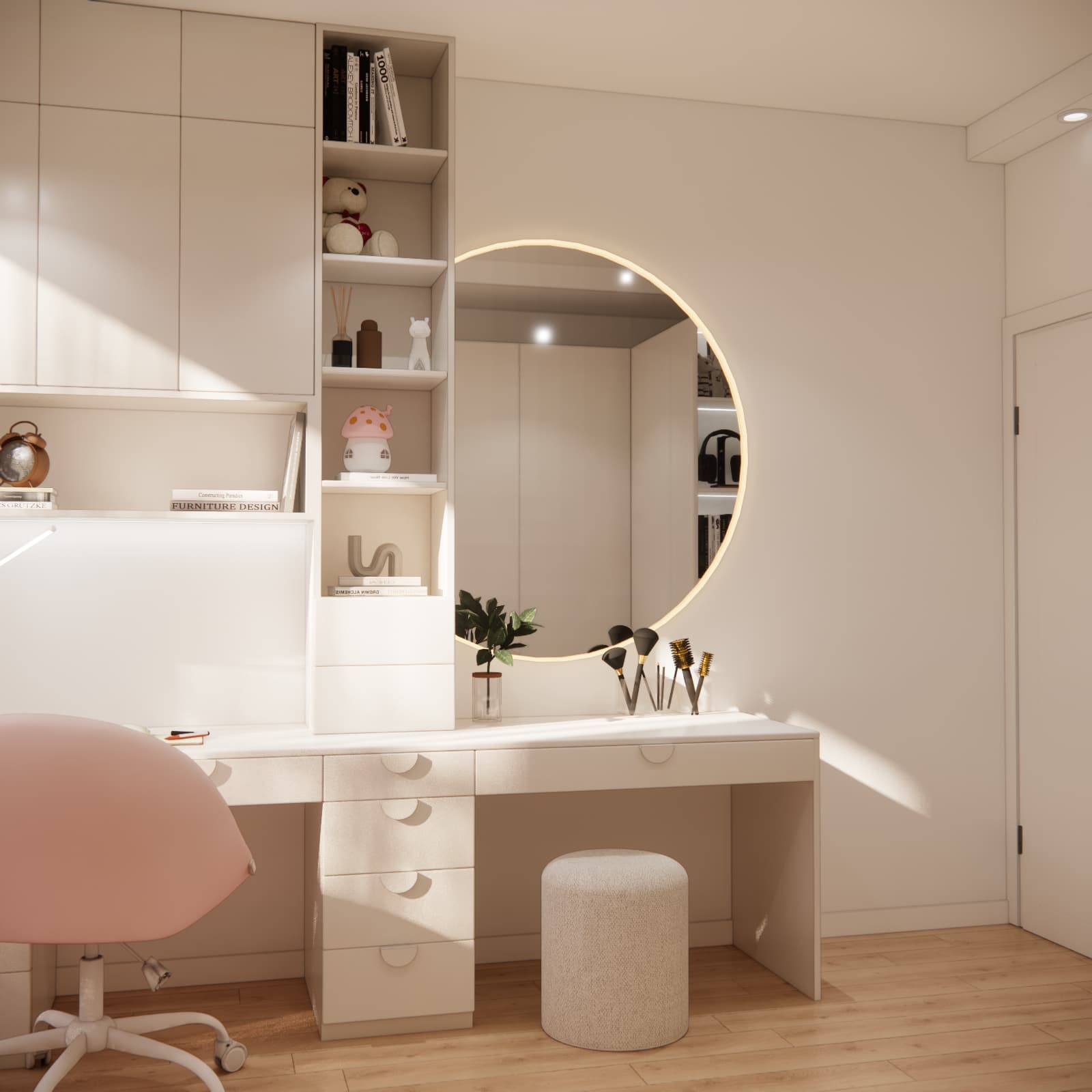 Dressing table with a round illuminated mirror, drawers and a light-coloured pouffe tucked beneath the worktop
