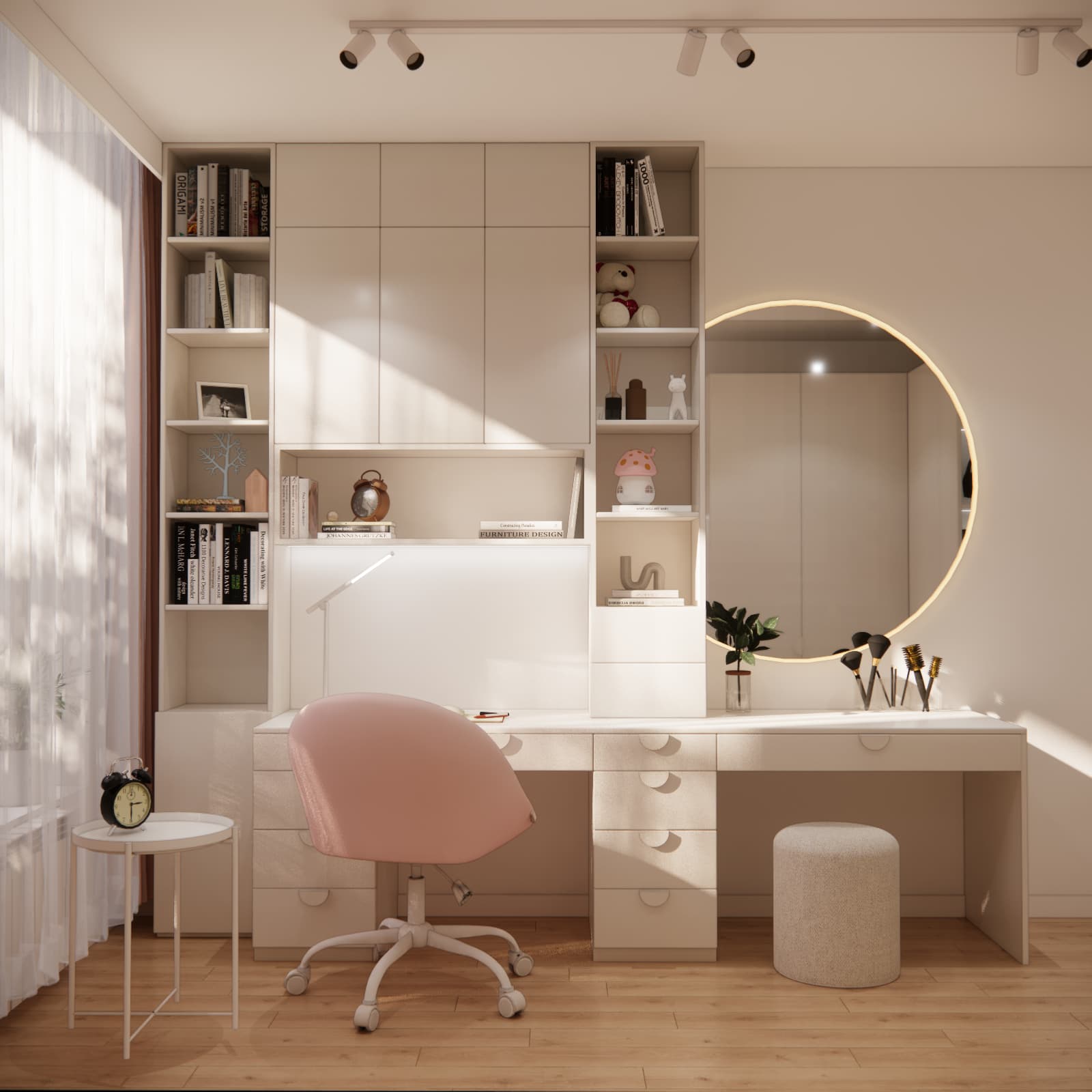 Light-coloured desk with a lamp, notebook and drawers beneath the worktop, with bookshelves above the study area