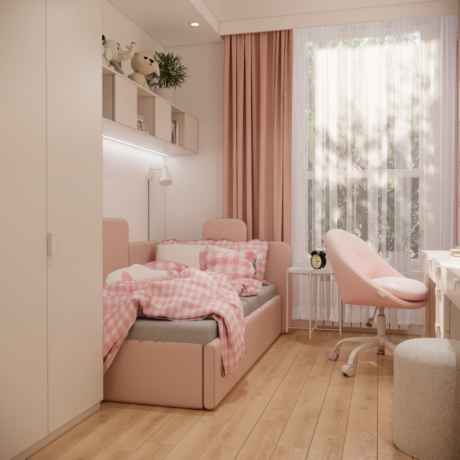 Light-toned bedroom for a 12-year-old girl with a pink bed, tall wardrobe and curtains beside a large window