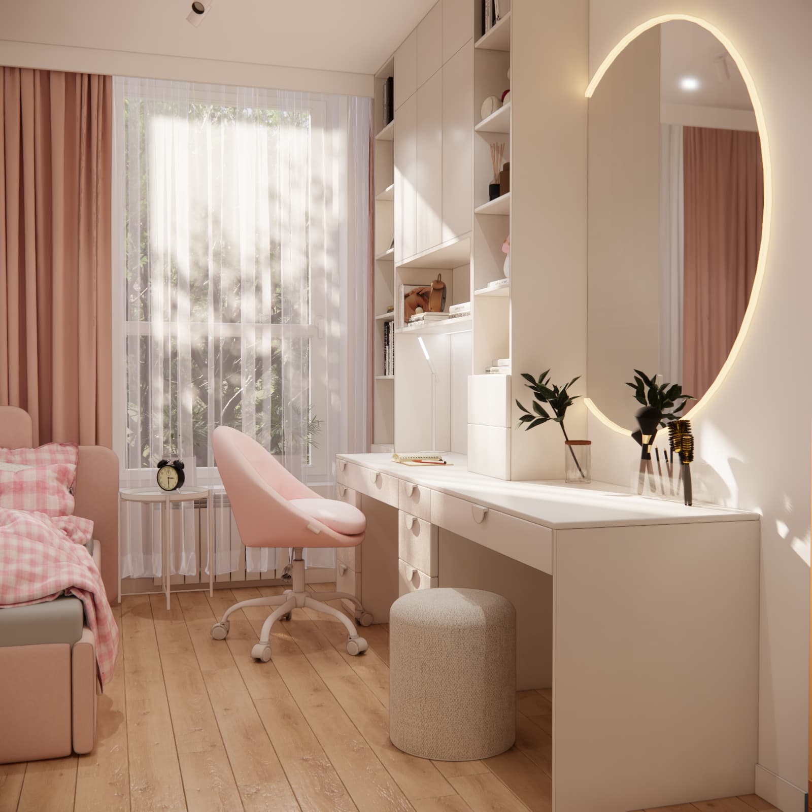 Shared desk and dressing table worktop with drawers, a pink chair, a pouffe and a round mirror