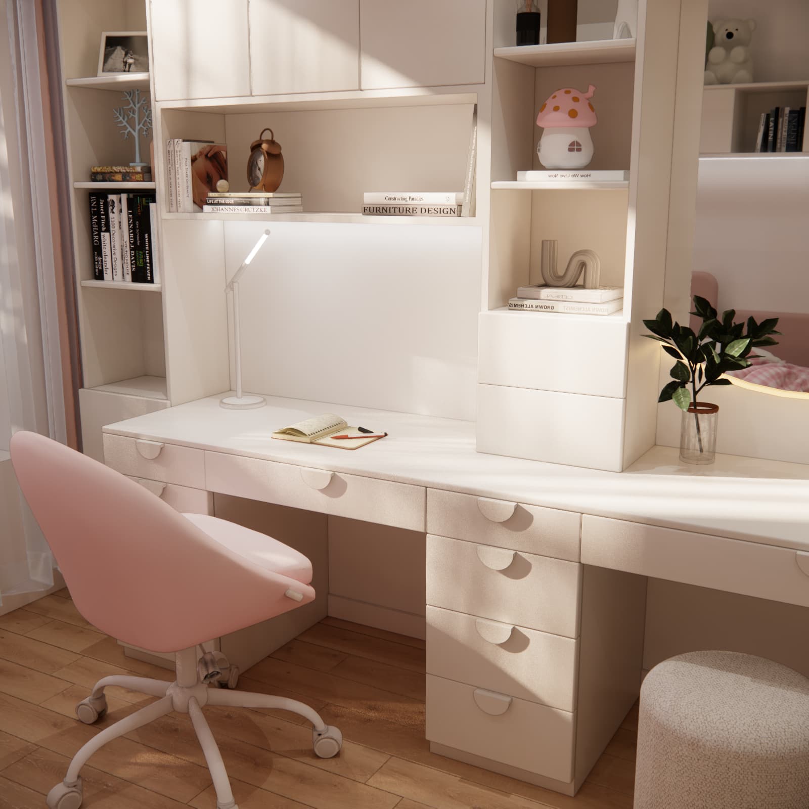 Side view of the desk and dressing table with an illuminated mirror, pink chair and curtains beside the window