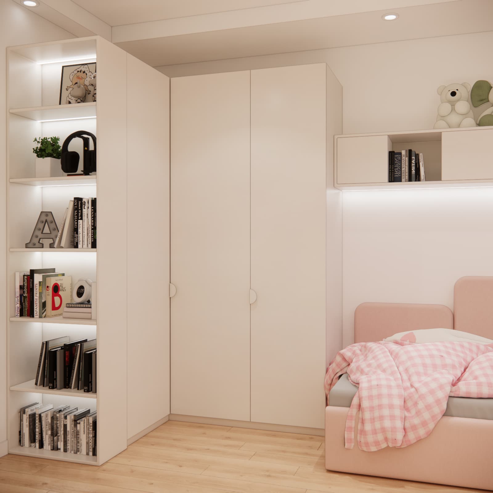 Tall light-coloured wardrobe beside a pink bed, with open shelving for books and decorative items