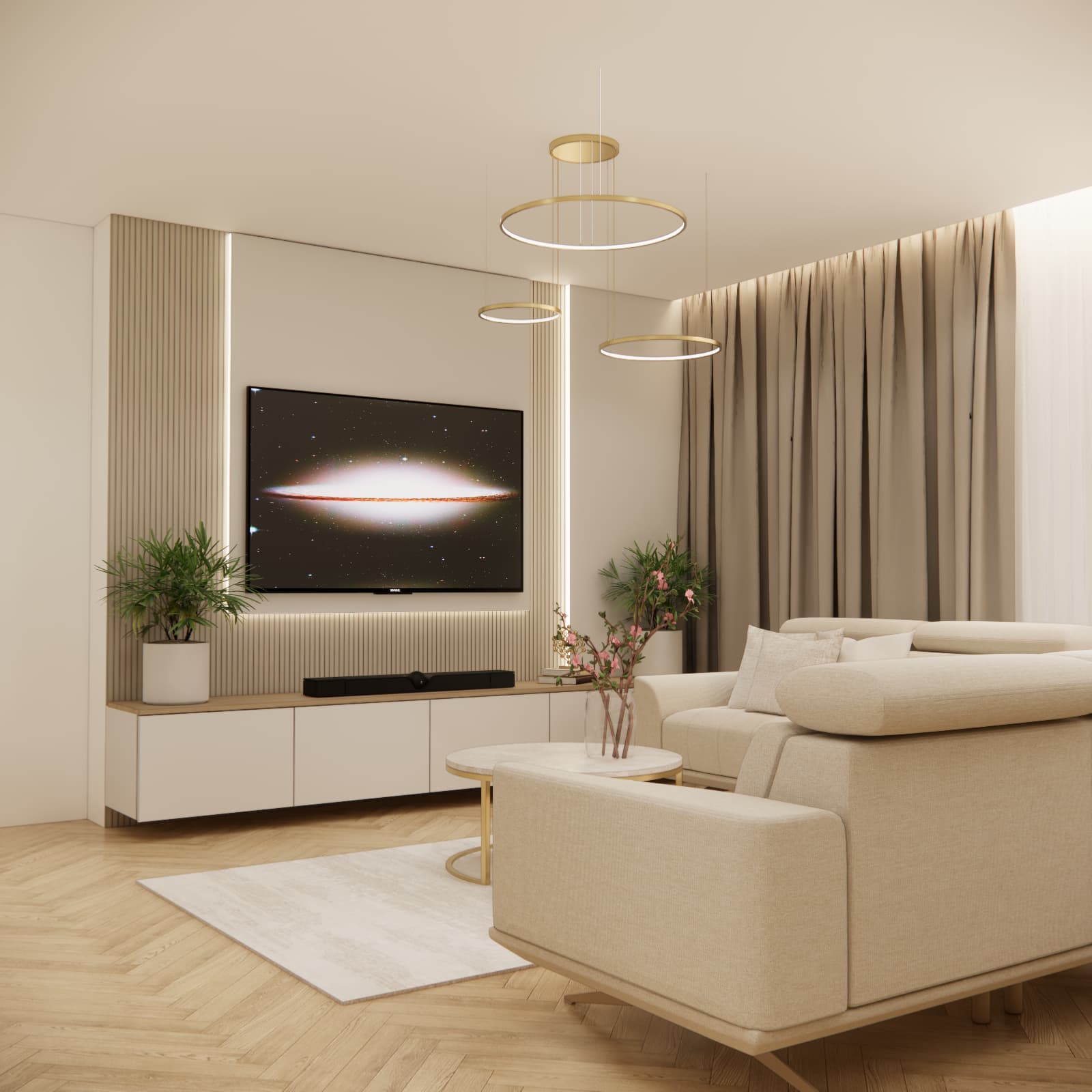 Beige living room with TV wall, LED lighting and gold pendant lights – interior design