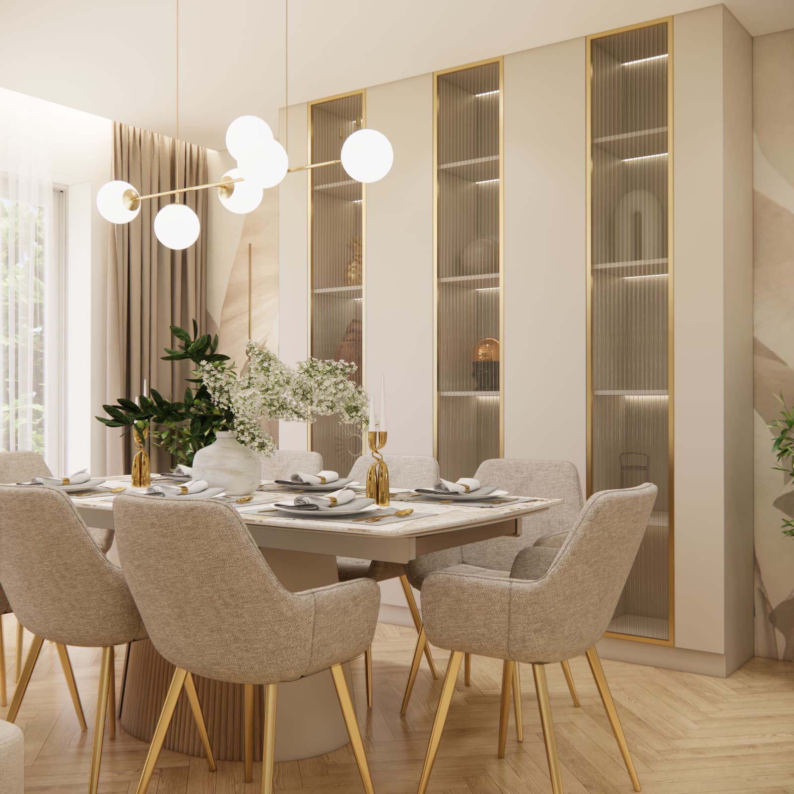 Dining area design in a living room with kitchen – large table, beige chairs and illuminated display cabinets