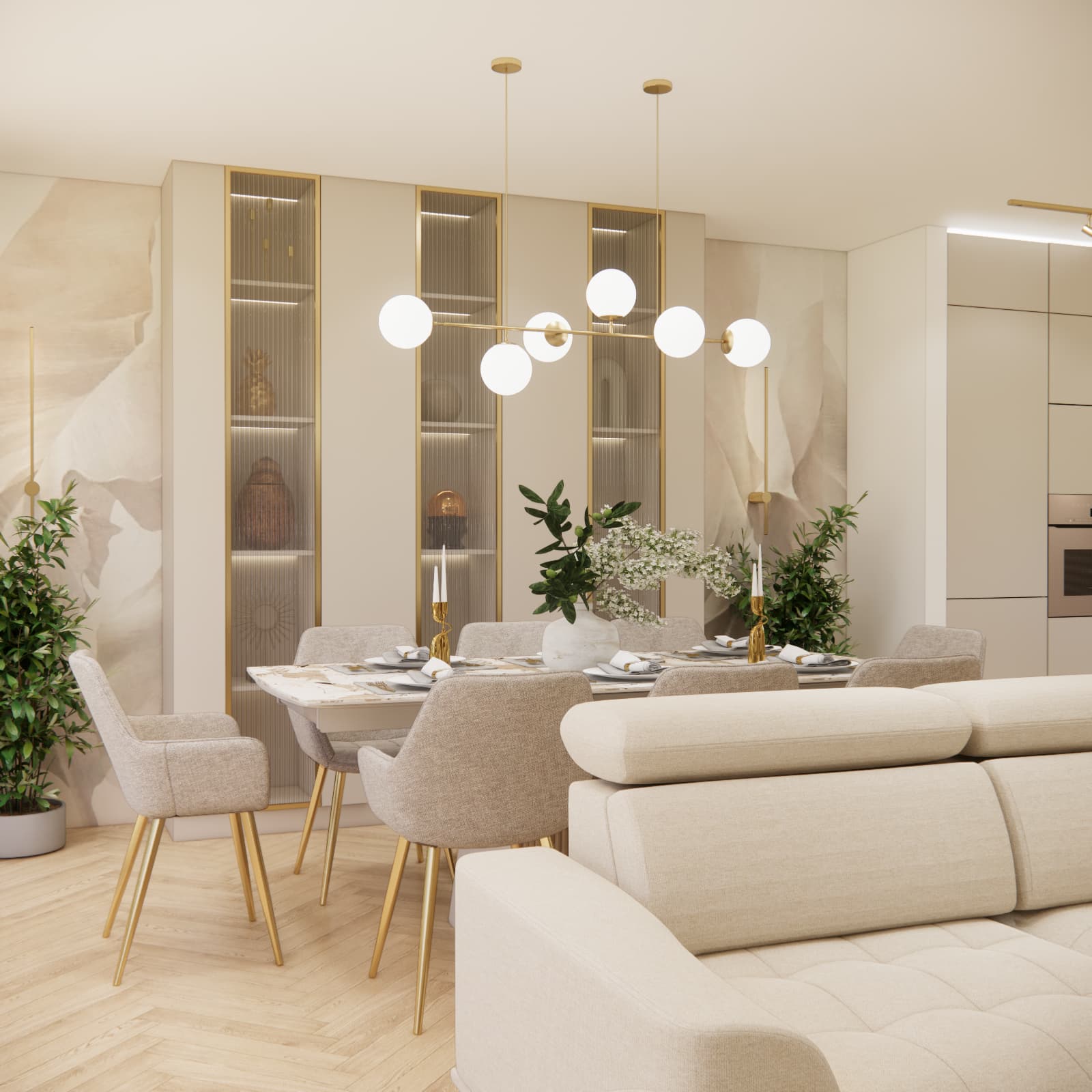 Elegant living room with kitchen and dining area in beige with gold accents – interior design in Lublin