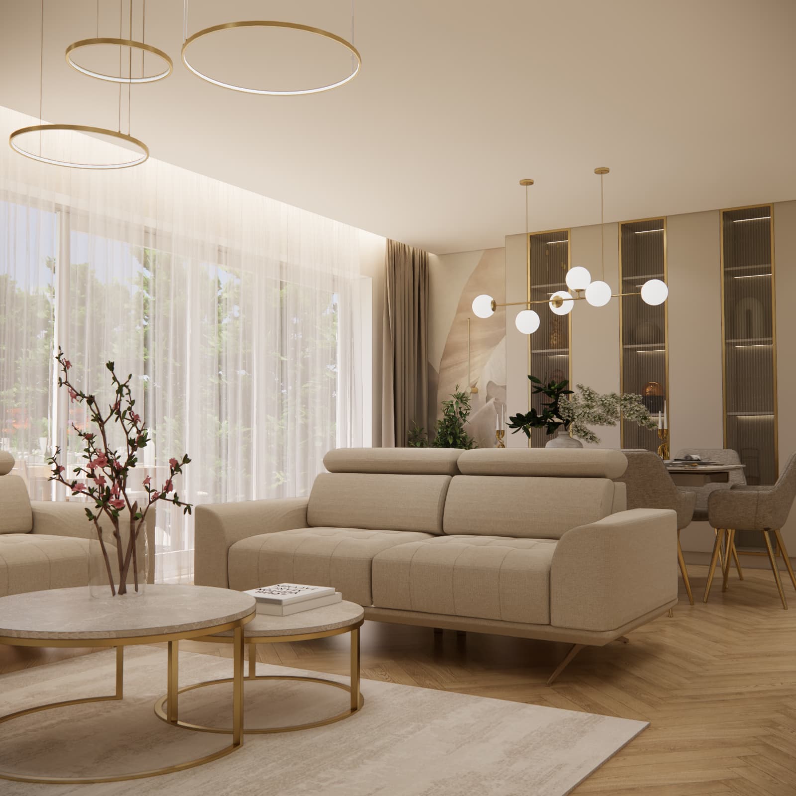 Nowoczesny salon w beżach z drewnianą podłogą, złotymi stolikami i jadalnią w tle