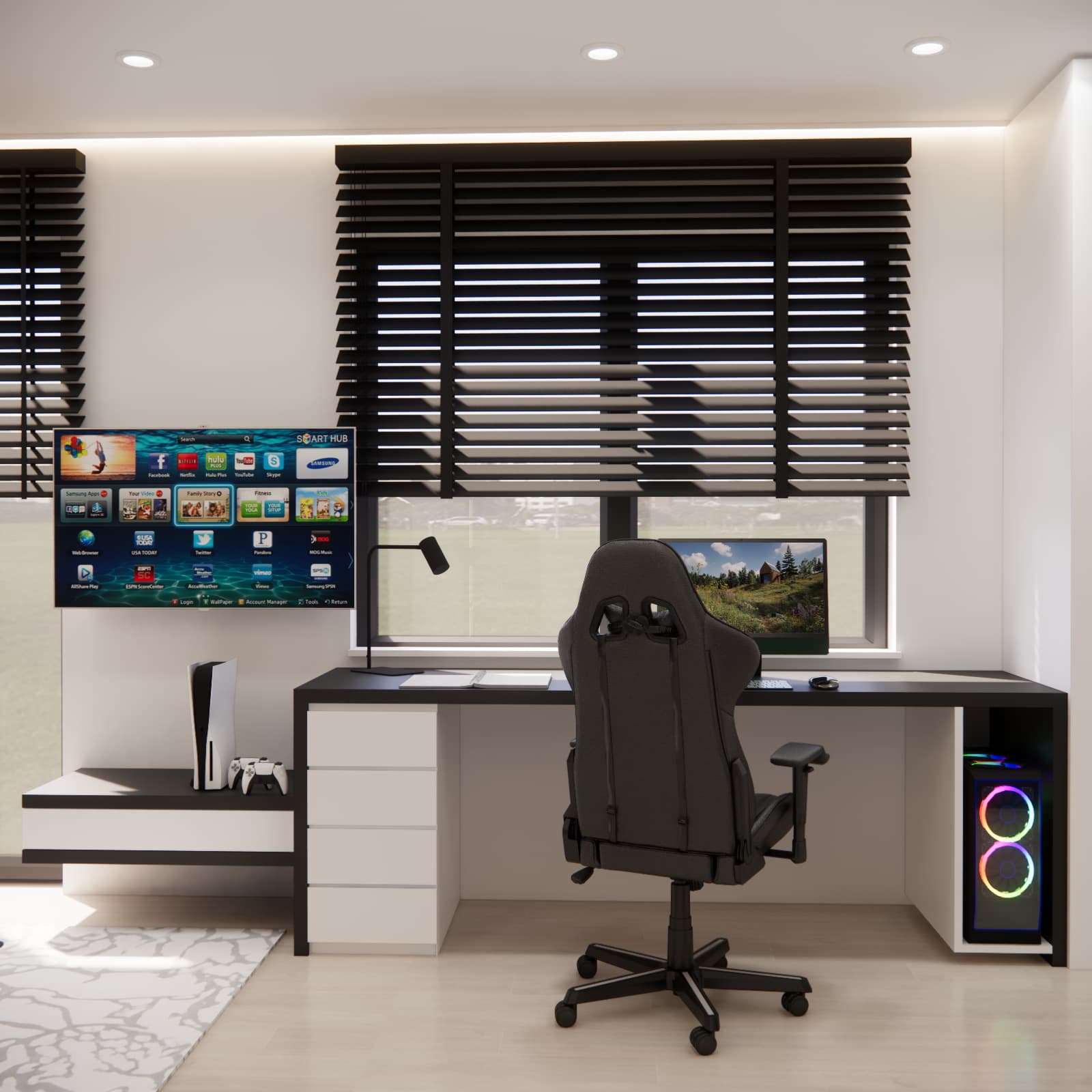 Black desk in a teenager’s room with a gaming computer workstation