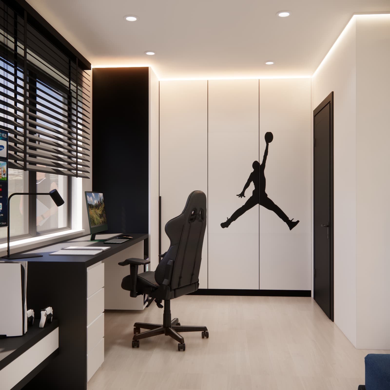Custom-made wardrobe in a 17-year-old’s room with basketball player motif and black details