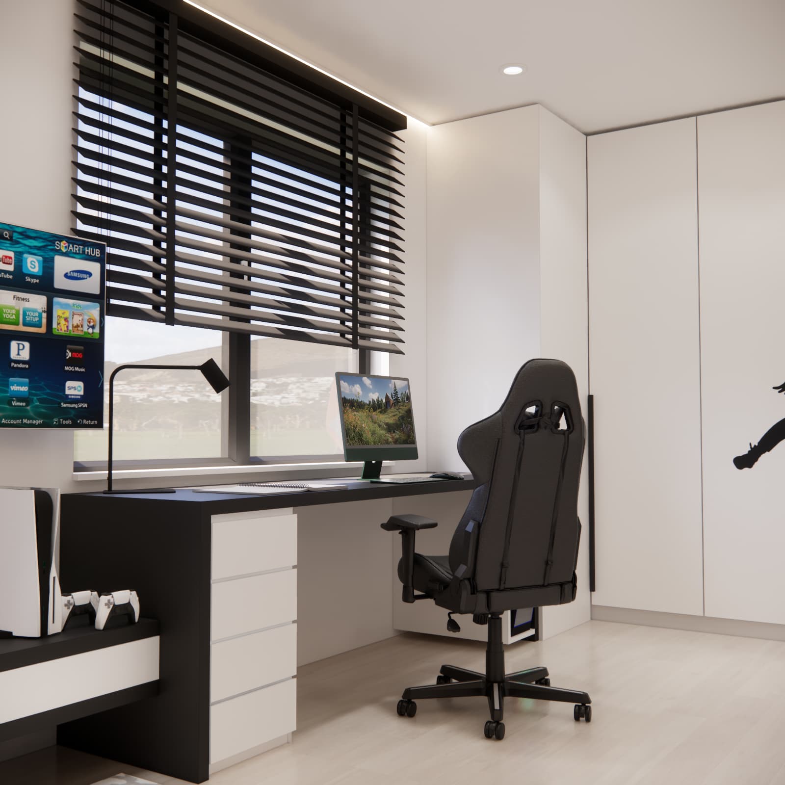 Teenage room design with large desk by the window and built-in wardrobe
