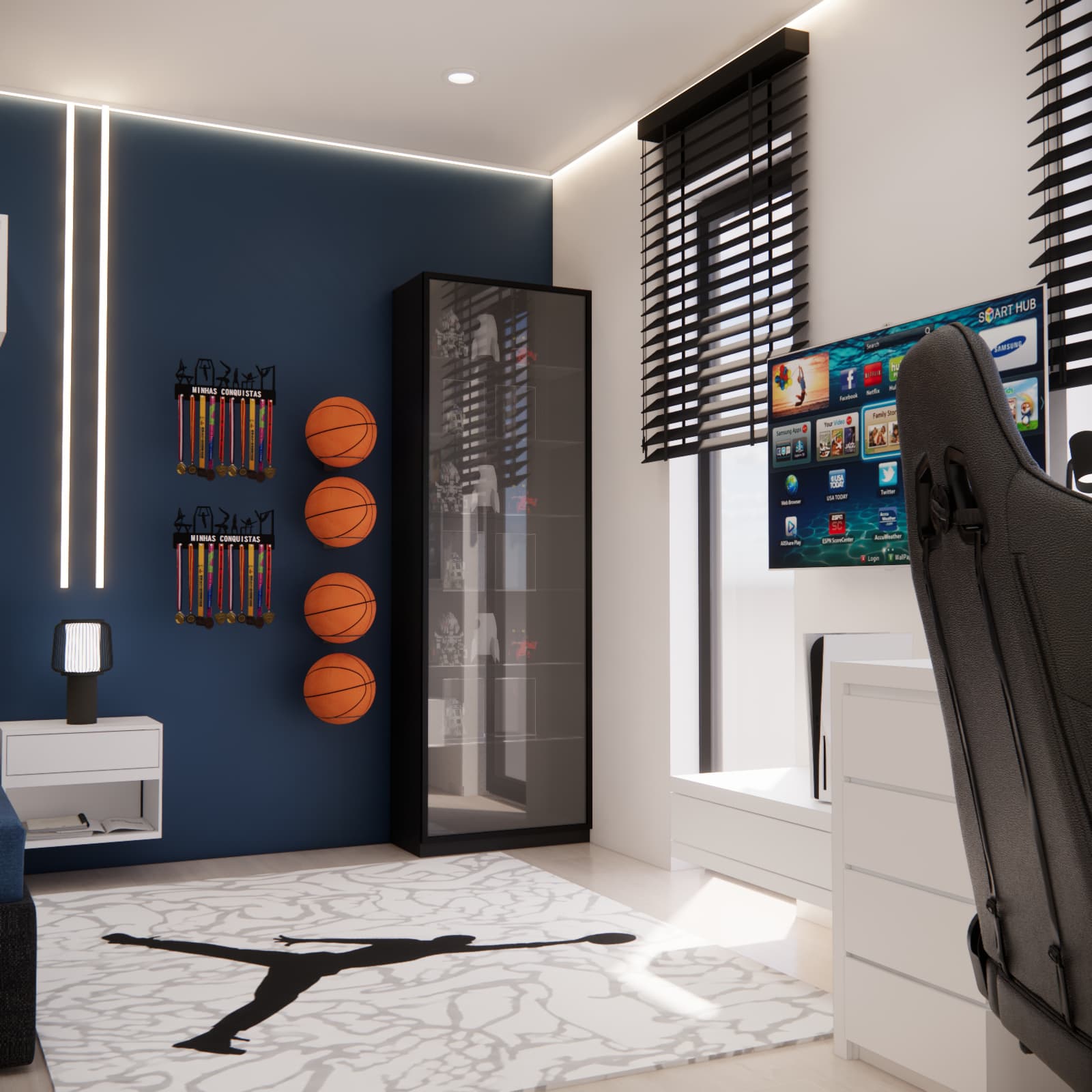 Teenage room design with sneaker collection, television and computer workstation