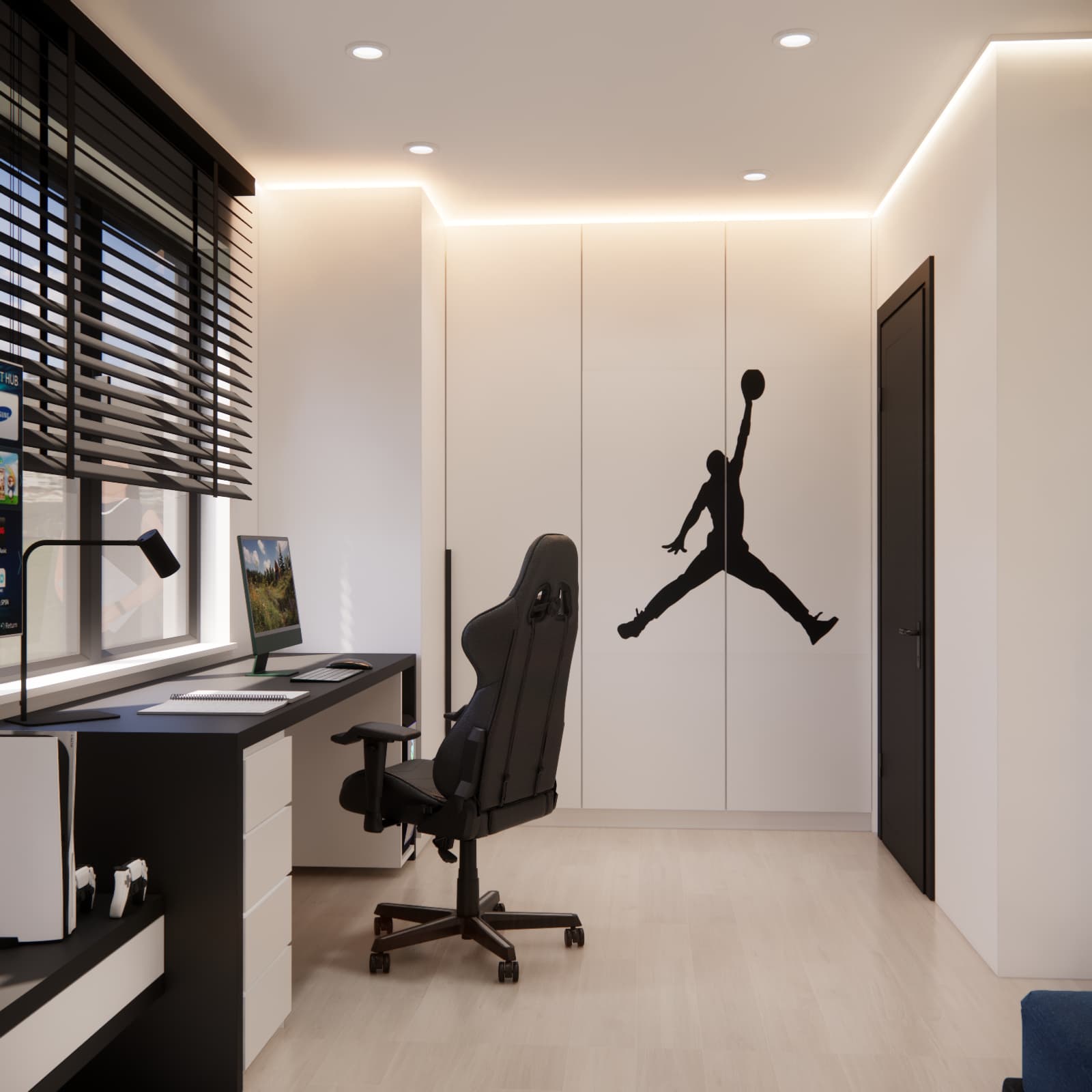 White floor-to-ceiling wardrobe with basketball player graphic in a modern teenage room