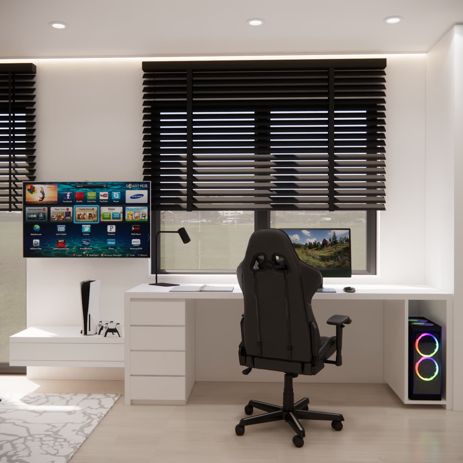 White gaming desk by the window in a teenage room design for a 17-year-old