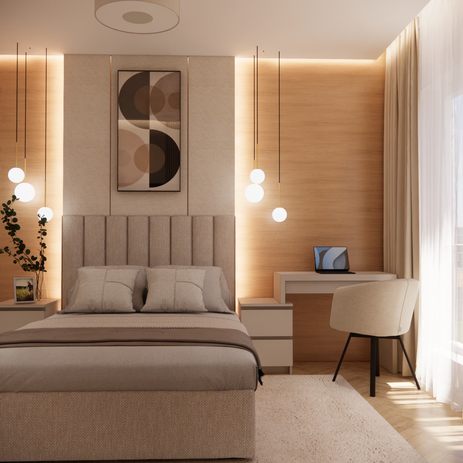 12 m² bedroom arrangement with an upholstered bed, pendant lighting and a workspace
