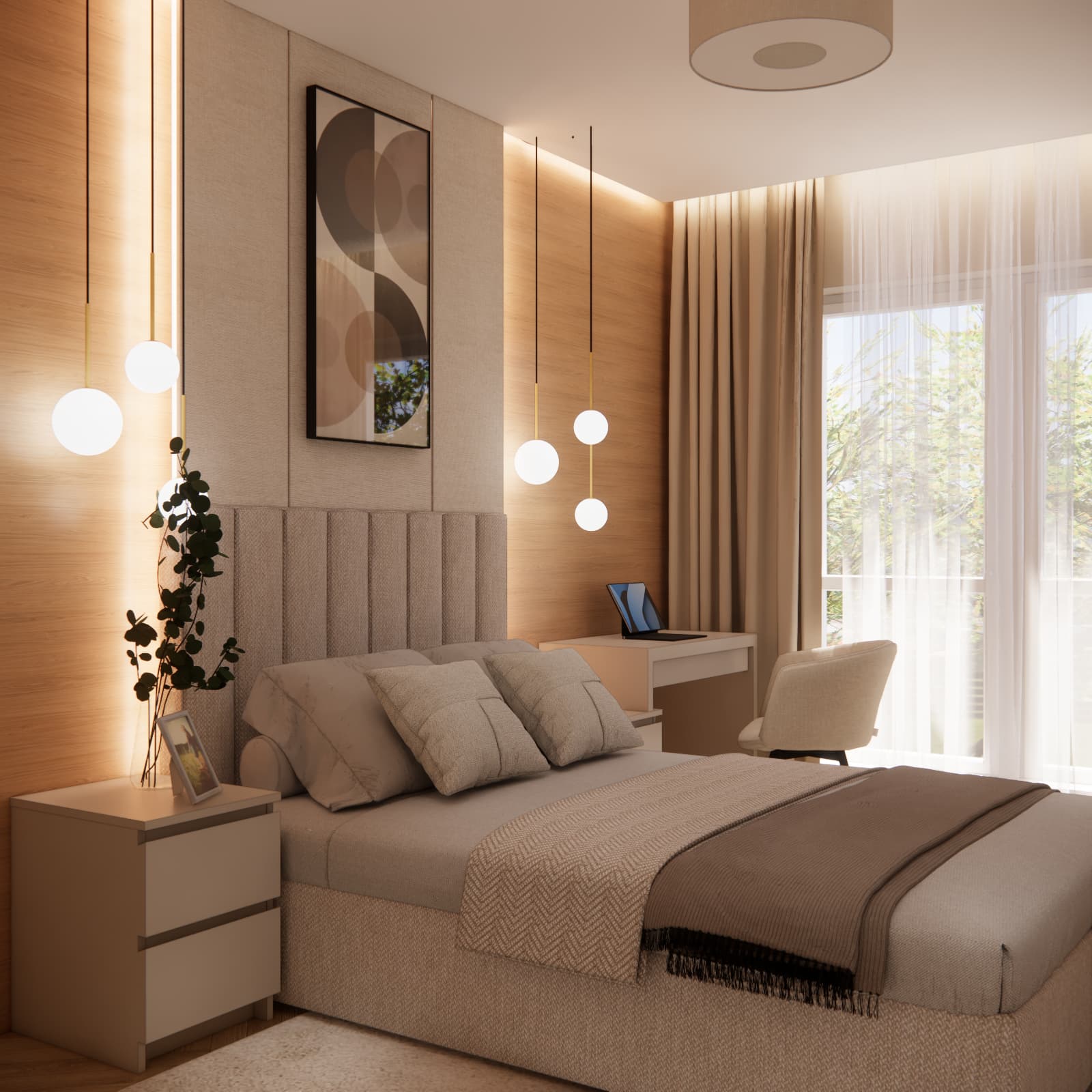 12 m² bedroom design in an apartment with an upholstered bed, wooden wall and desk by the window