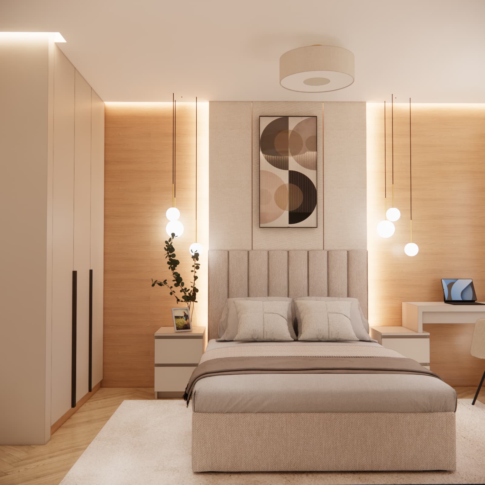 Small 12 m² bedroom design in an apartment with a large wardrobe, bed and desk