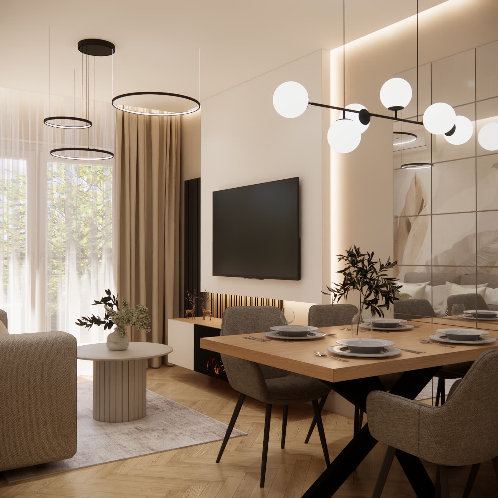 18.7 m² living room with open-plan kitchen in beige and wood – interior design in Torun