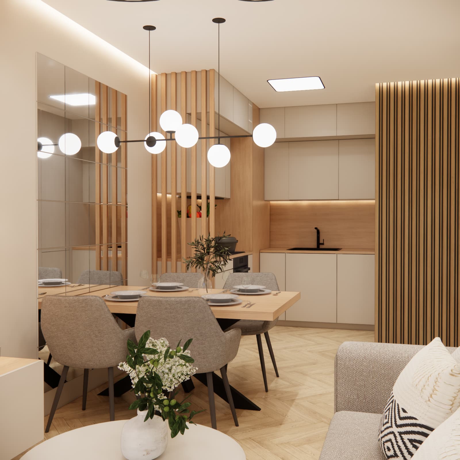 Modern living room with open-plan kitchen, large dining table and wooden slats