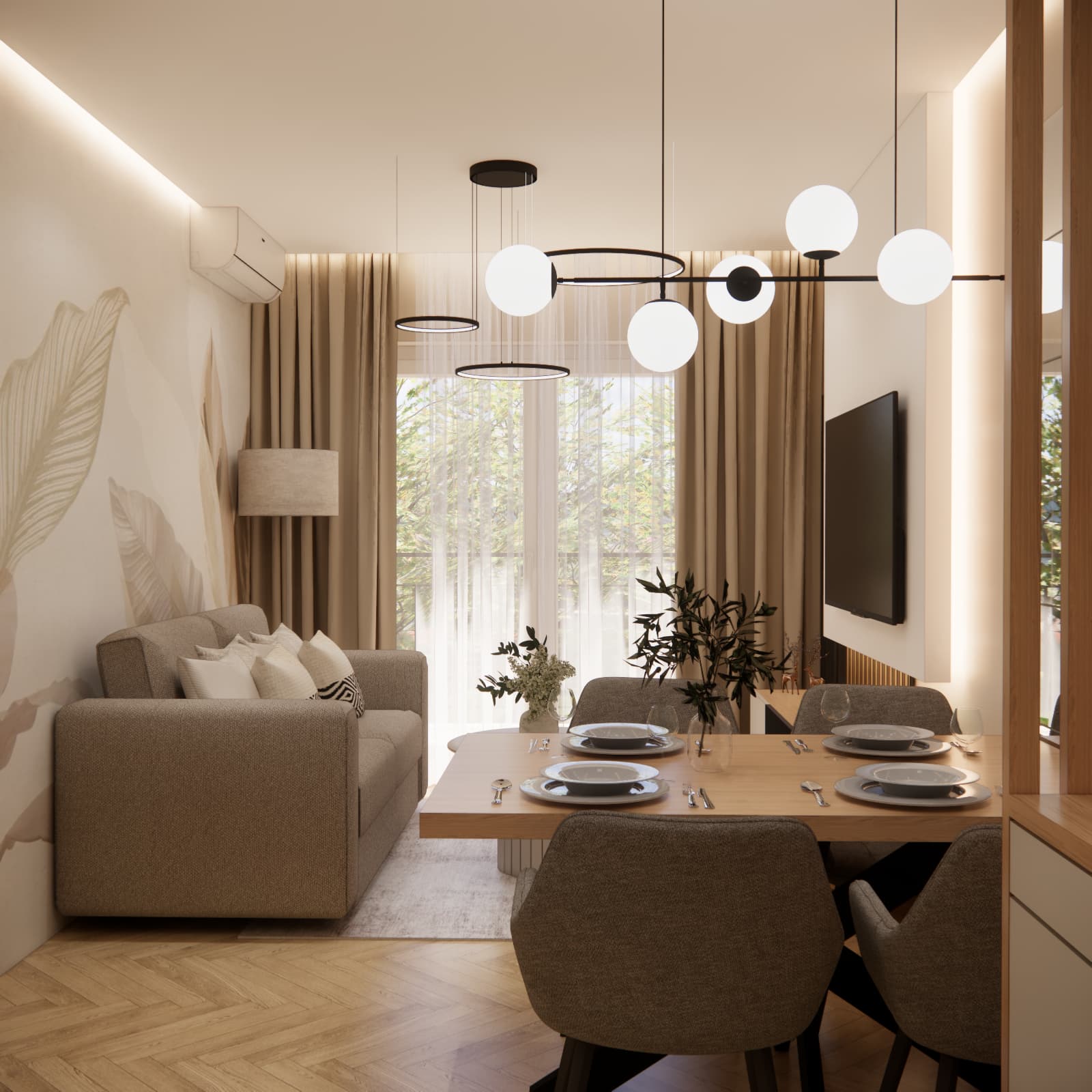 Small 18.7 m² living room with open-plan kitchen, sofa and dining area