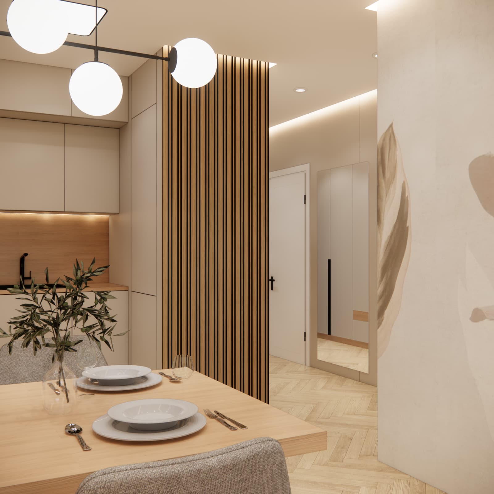 Wooden slats separating the living room with open-plan kitchen from the hallway in a small apartment