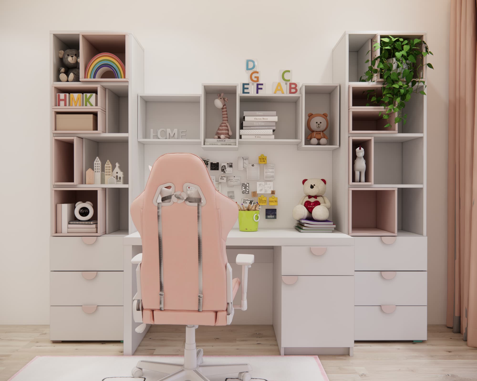 Pastel built-in desk with shelving in a girl’s bedroom