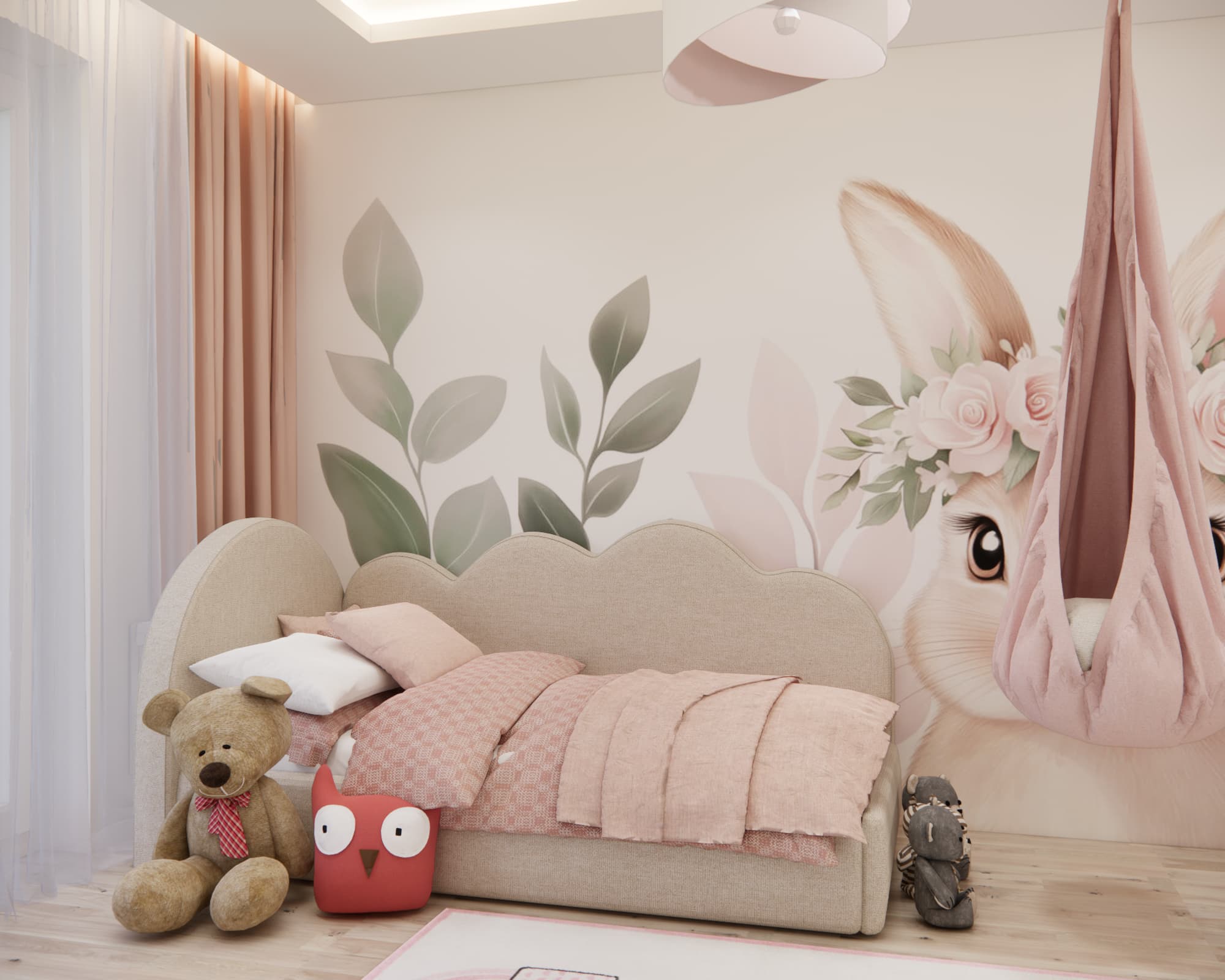 Upholstered bed and bunny wallpaper in a bedroom for a 6-year-old girl