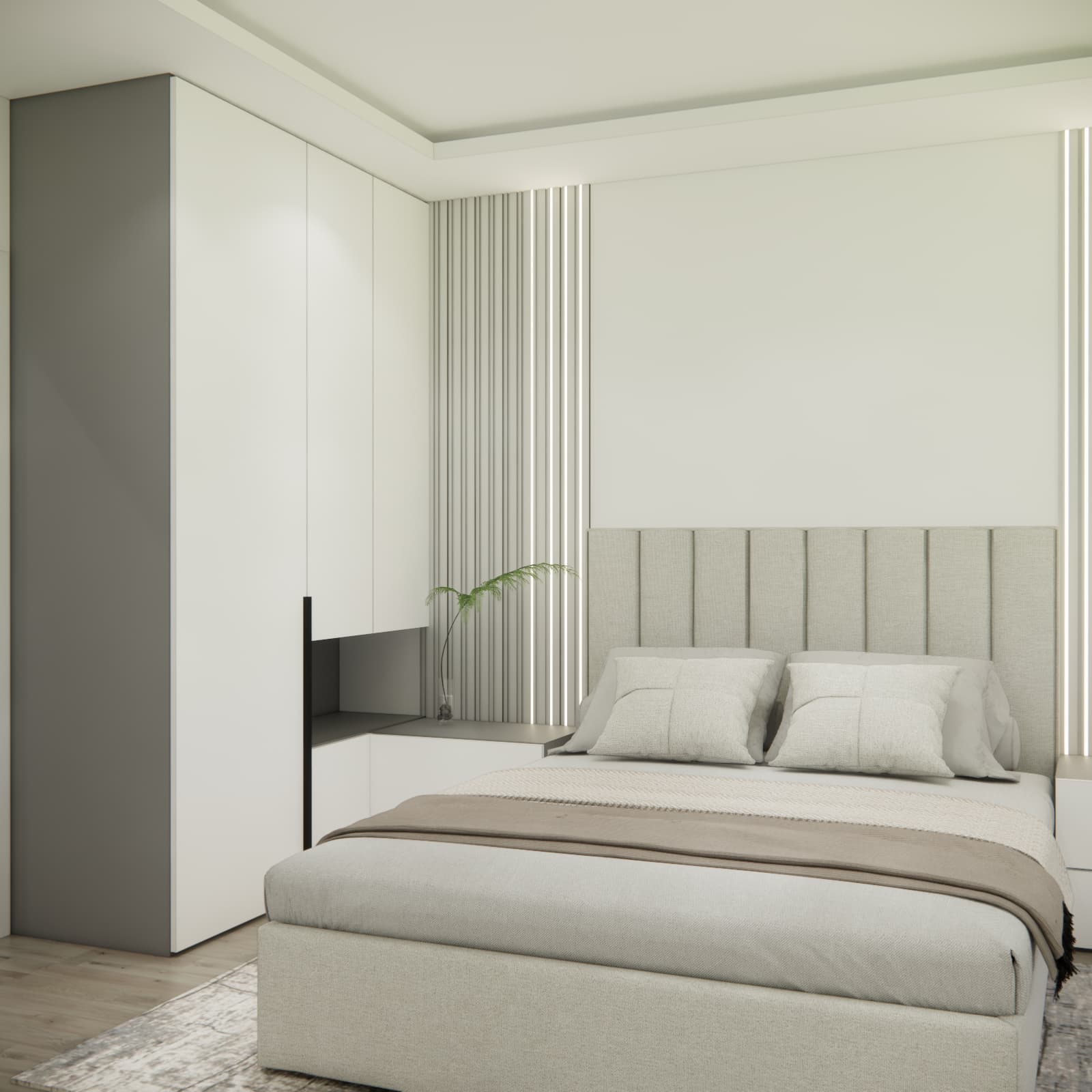 11.52 m² bedroom with a floor-to-ceiling wardrobe, upholstered bed and decorative LED wall panels