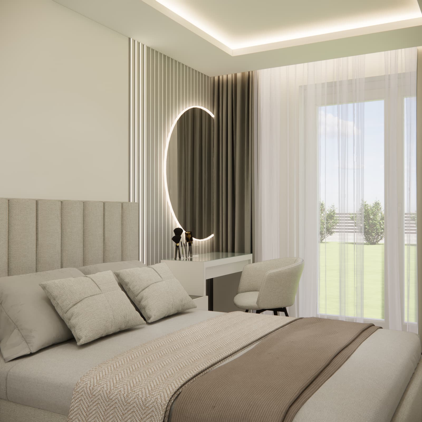11.52 m² beige bedroom design with upholstered bed, dressing table and illuminated mirror – Bydgoszcz