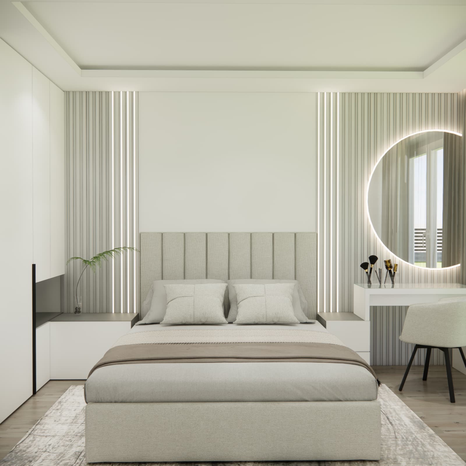 Modern 11.52 m² bedroom with a large bed, custom-built furniture and dressing table with LED mirror