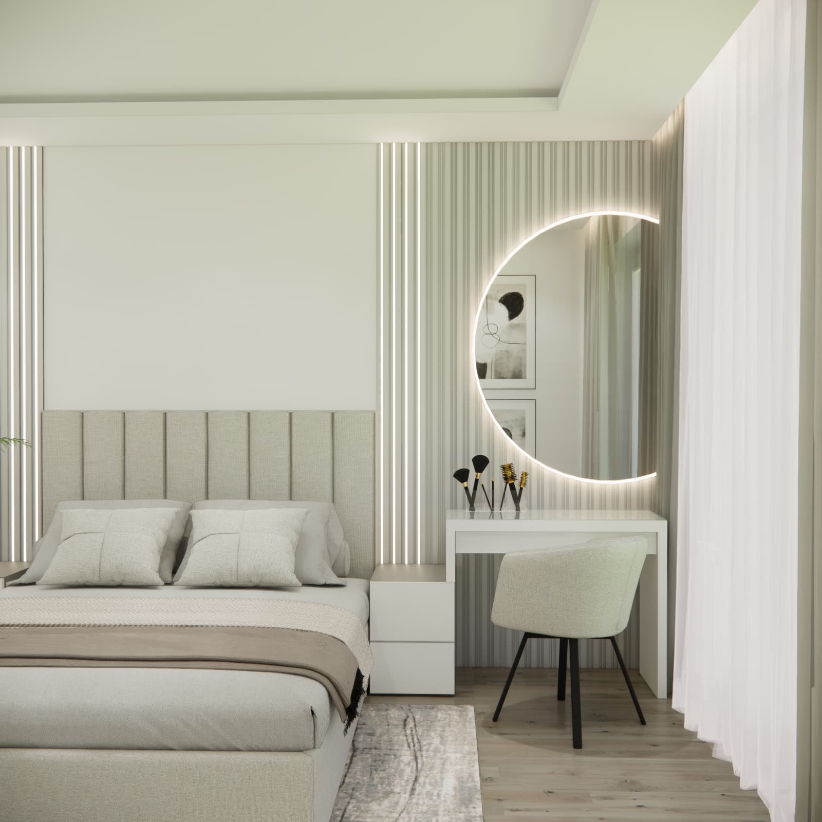 Elegancka toaletka z dużym okrągłym lustrem LED w nowoczesnej beżowej sypialni 11,52 m²