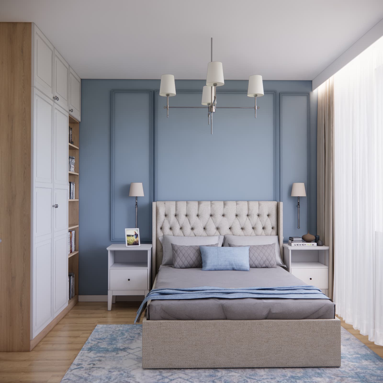 Bedroom with a blue feature wall, upholstered bed and white built-in furniture