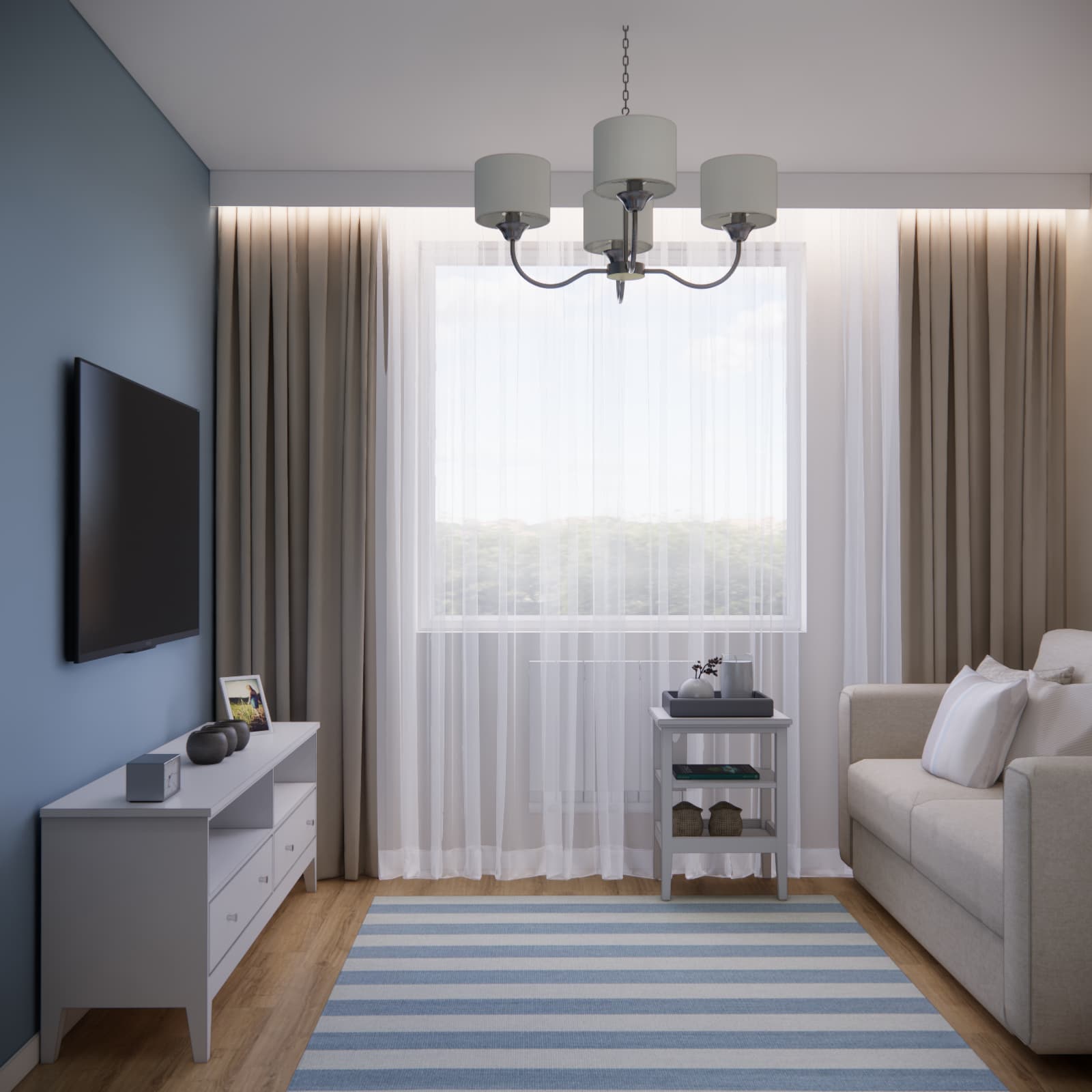 Guest room with a blue wall, television and white-and-blue striped rug