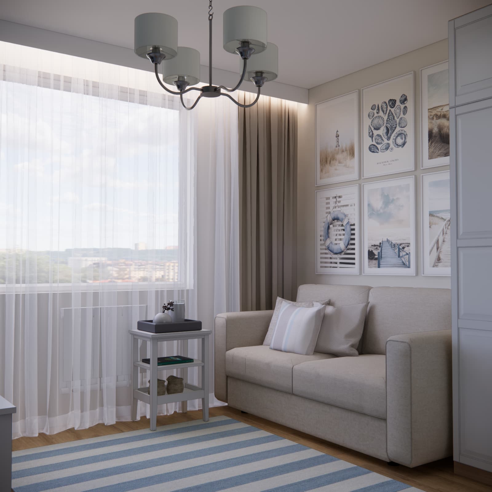 Guest room with a light-coloured sofa and coastal-style gallery wall