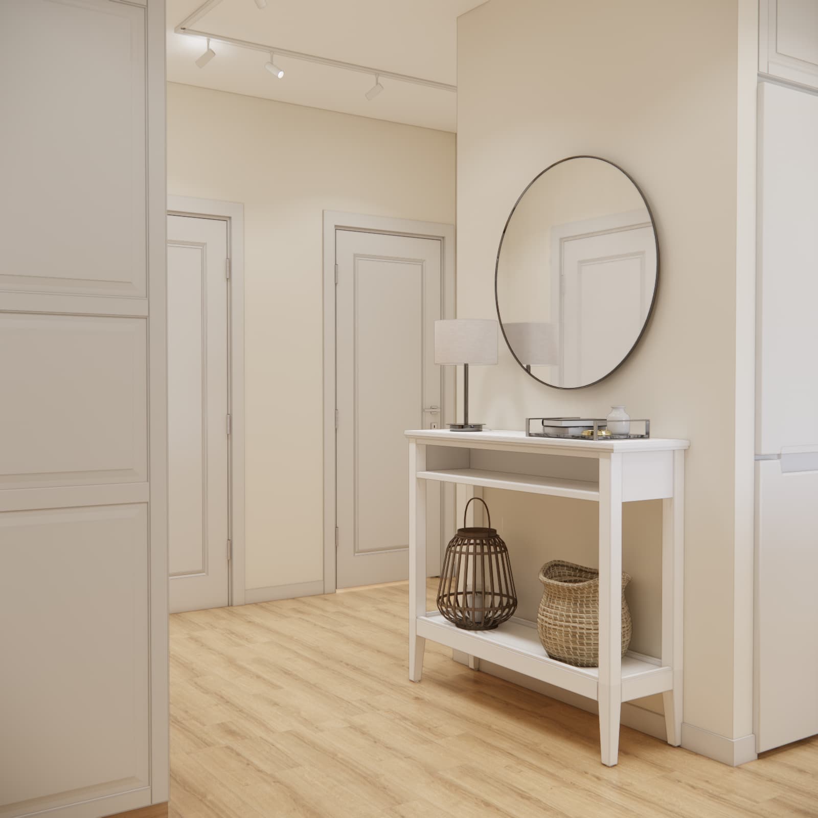 Hallway design with a white console table and large round mirror