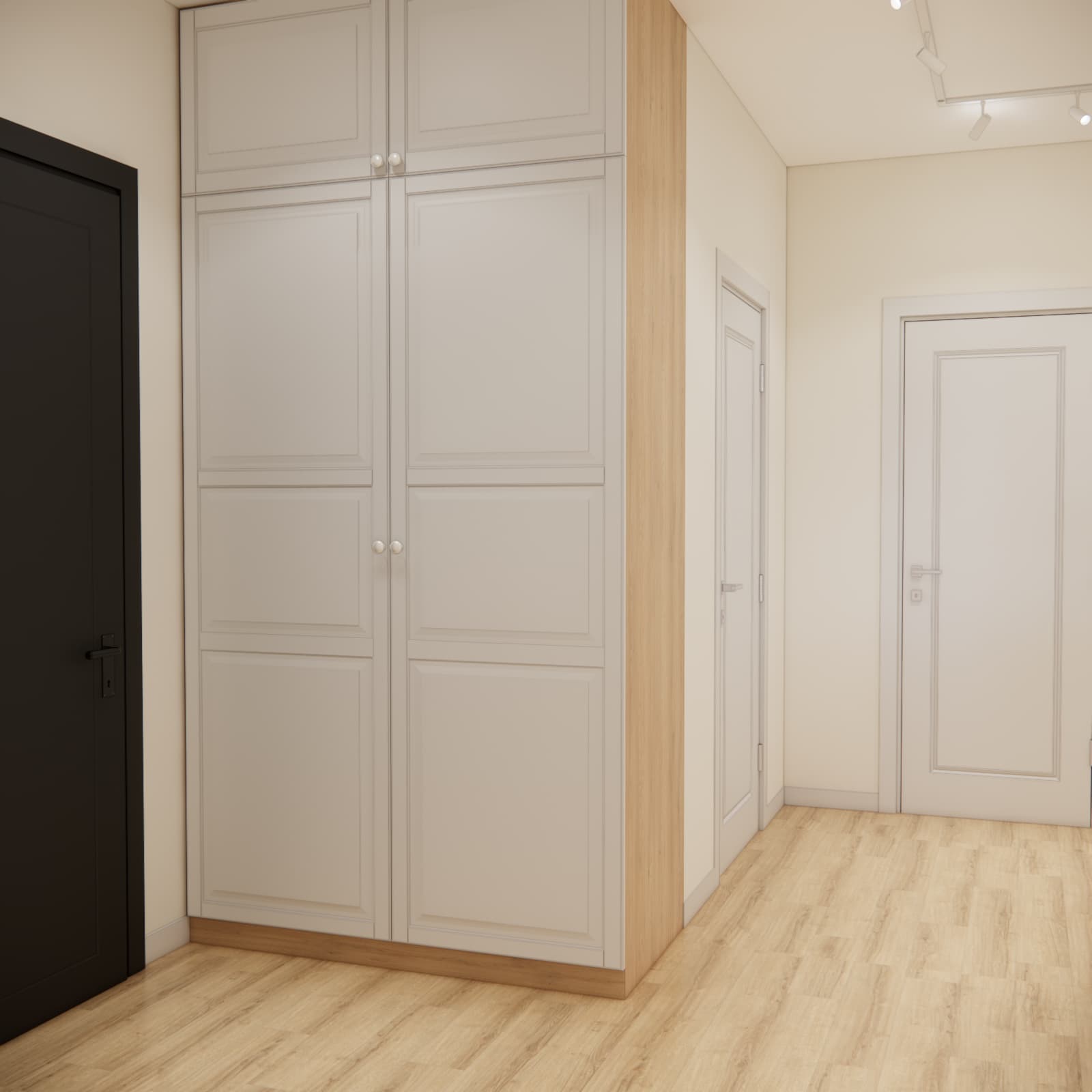 Hallway with a tall white wardrobe and wooden detailing in the apartment
