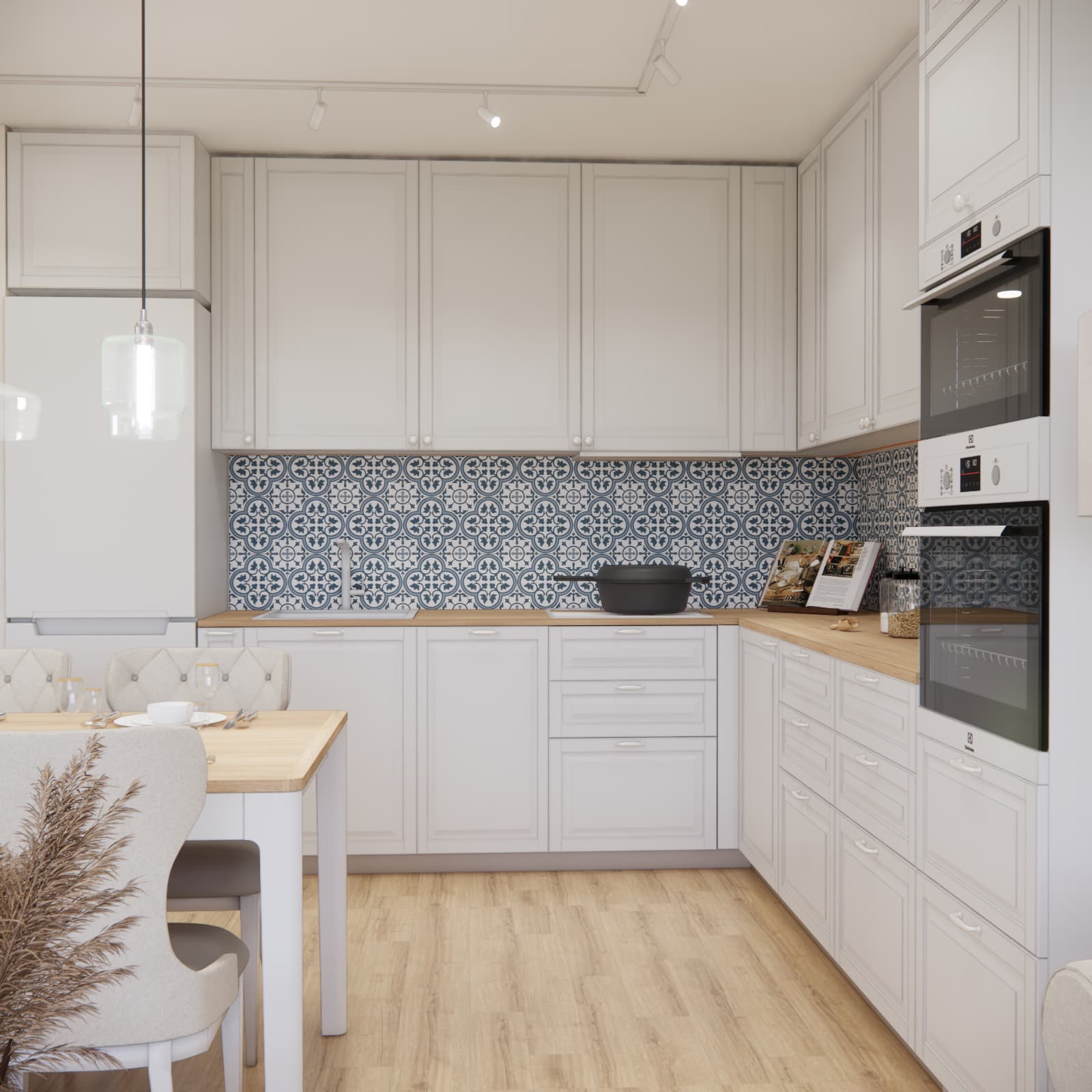 White kitchen with a wooden worktop and blue tiles in a 60 m² apartment