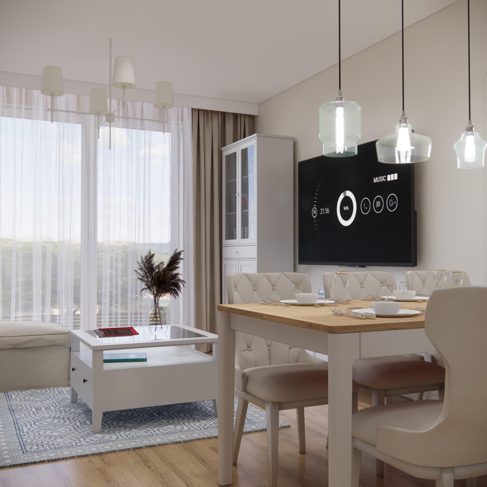 Jadalnia połączona z salonem w projekcie mieszkania 60 m² w Warszawie