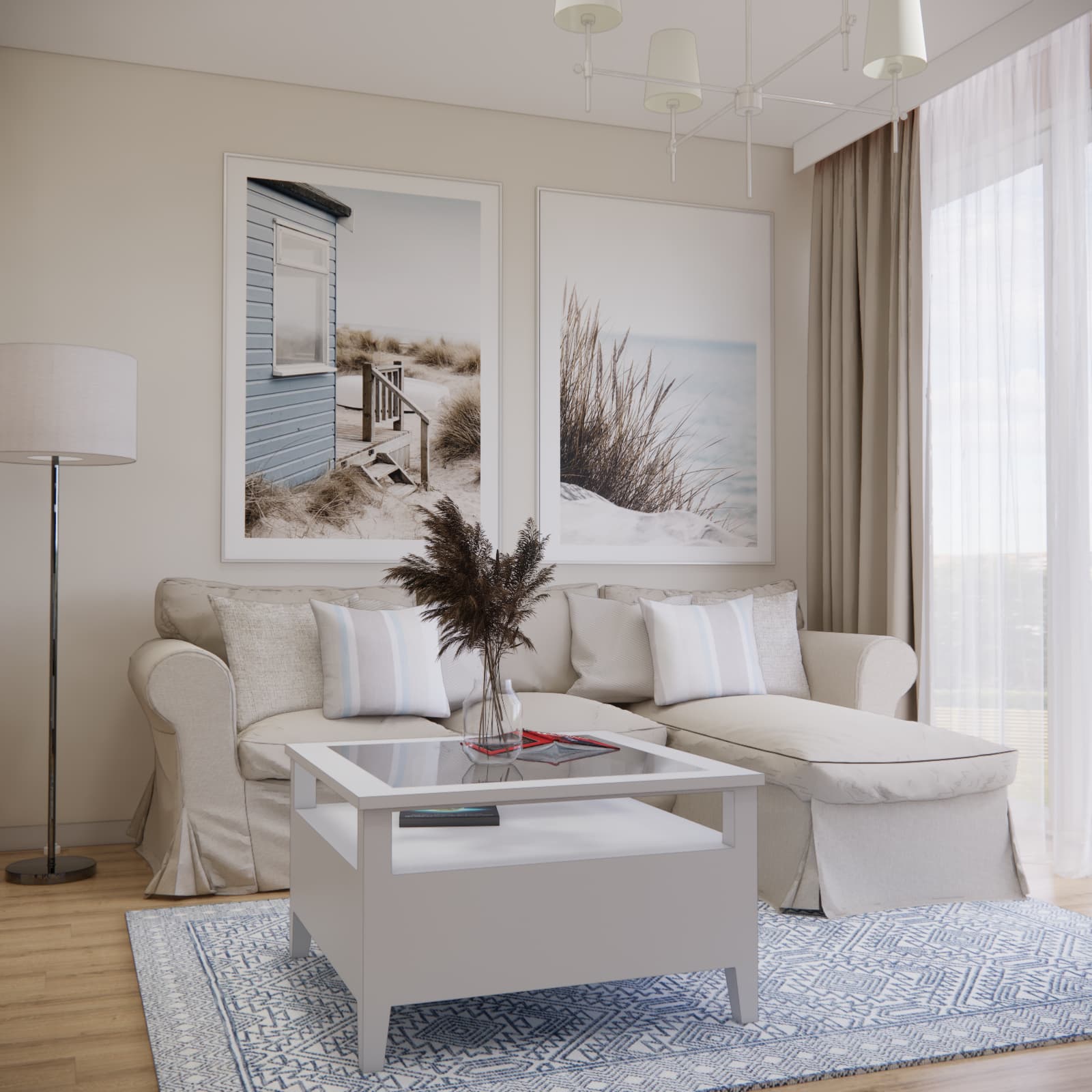 Jasny salon w stylu Hampton z beżową sofą i niebieskimi dodatkami