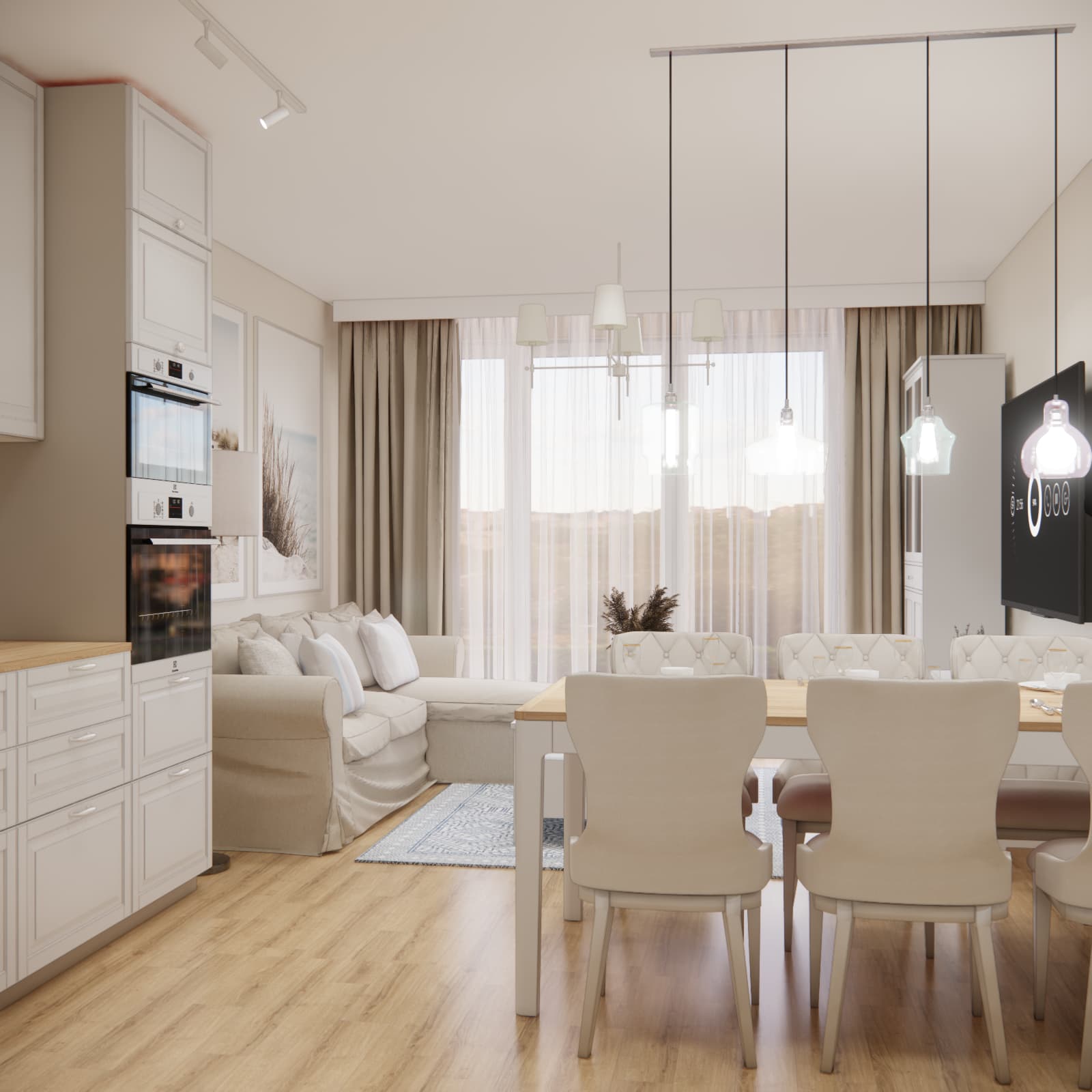Projekt mieszkania 60 m² w Warszawie – salon z aneksem kuchennym i jadalnią