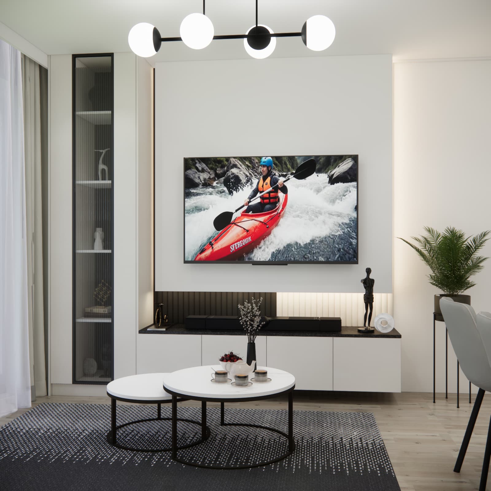 20 m² living room with kitchenette – view of the TV area, dining zone and modern cabinetry