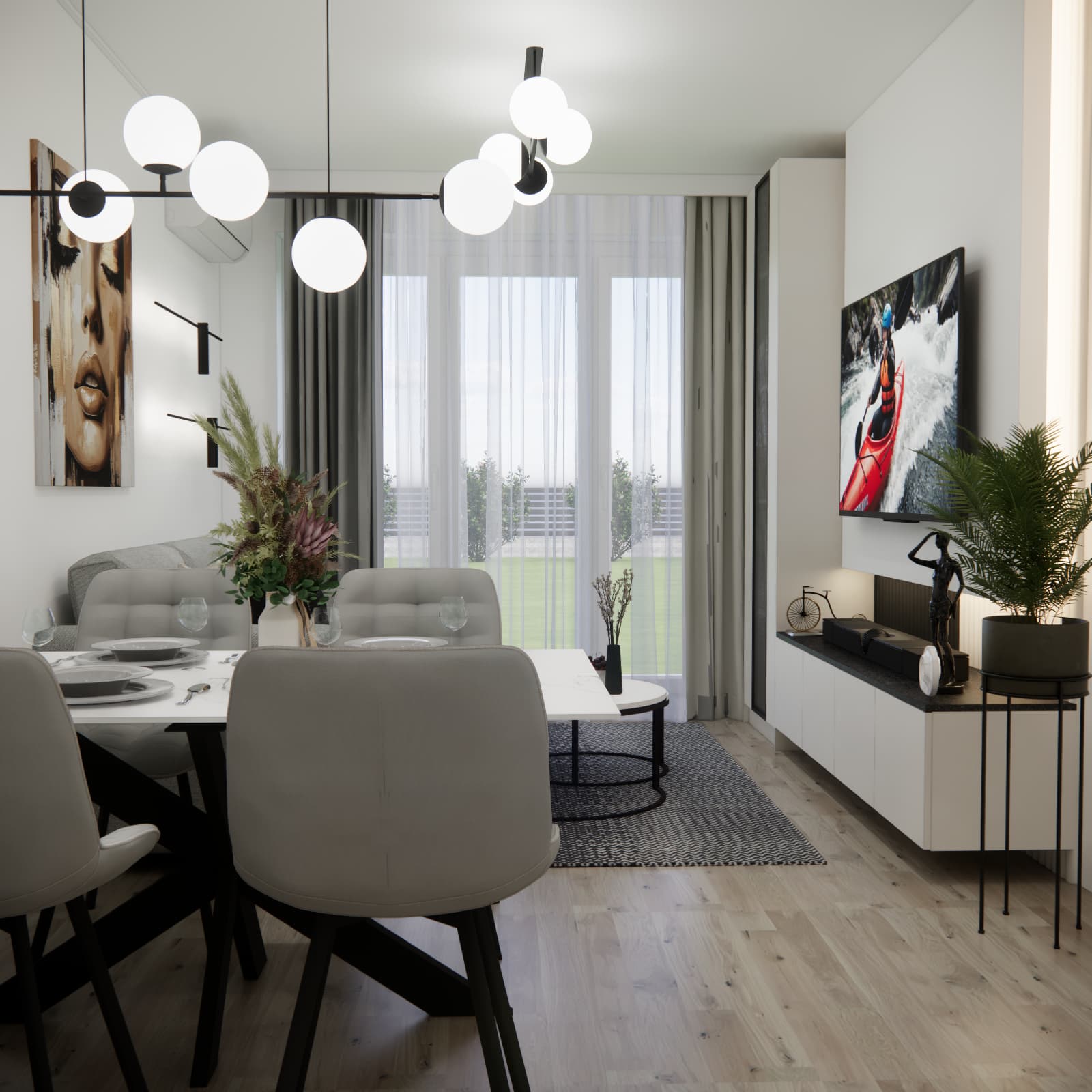 Small 20.27 m² living room with kitchen – modern open-plan interior with dining area and TV zone