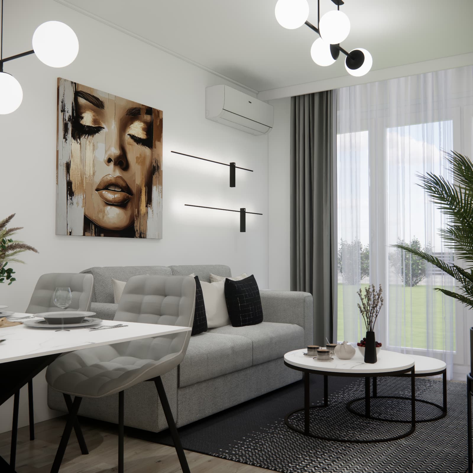 Salon z aneksem 20,27 m² w Warszawie – jasna sofa, stoliki kawowe i duże przeszklenie