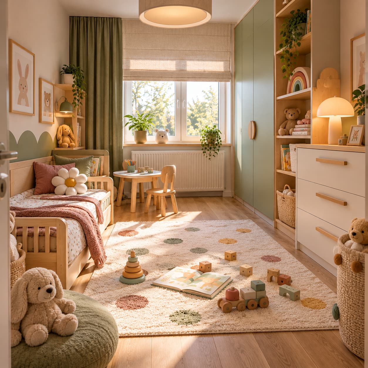 Funkcjonalny pokój dwulatka 8 m² z wolną przestrzenią do zabawy.