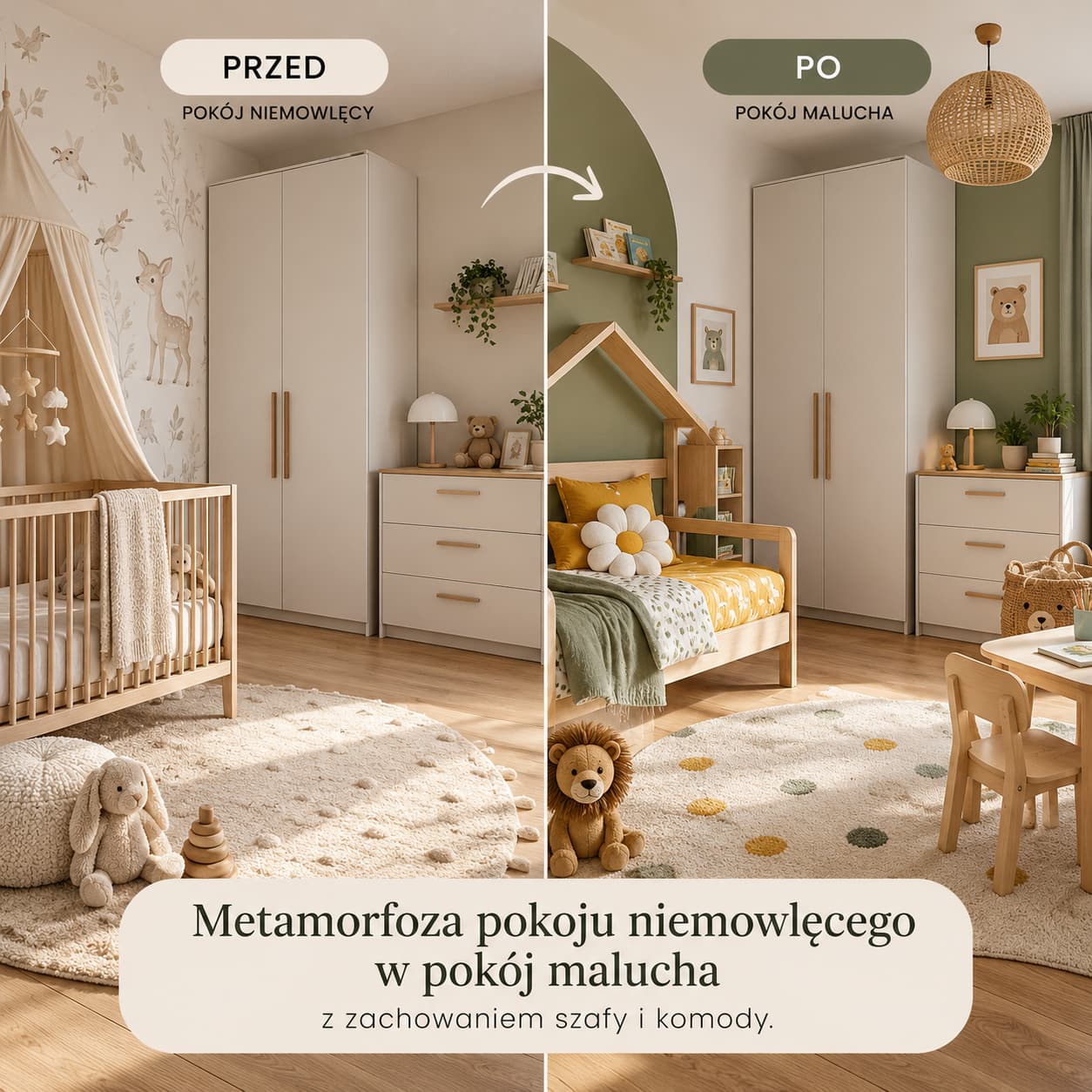 Metamorfoza pokoju niemowlęcego w pokój malucha z zachowaniem szafy i komody.