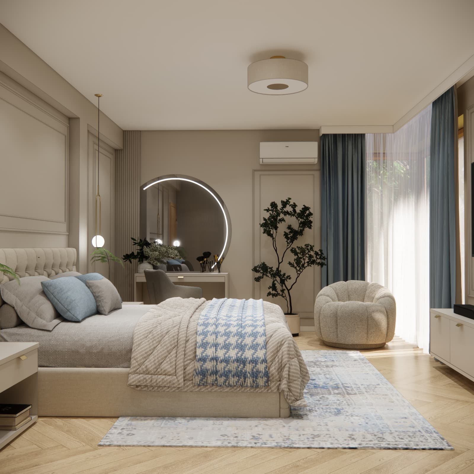 Light bedroom with blue curtains, a beige bed and a rounded armchair by the window.