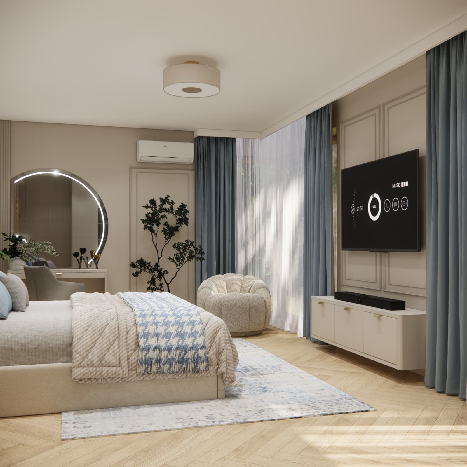 Rounded light-coloured armchair by the window in a bedroom with blue curtains, a dressing table and a television.