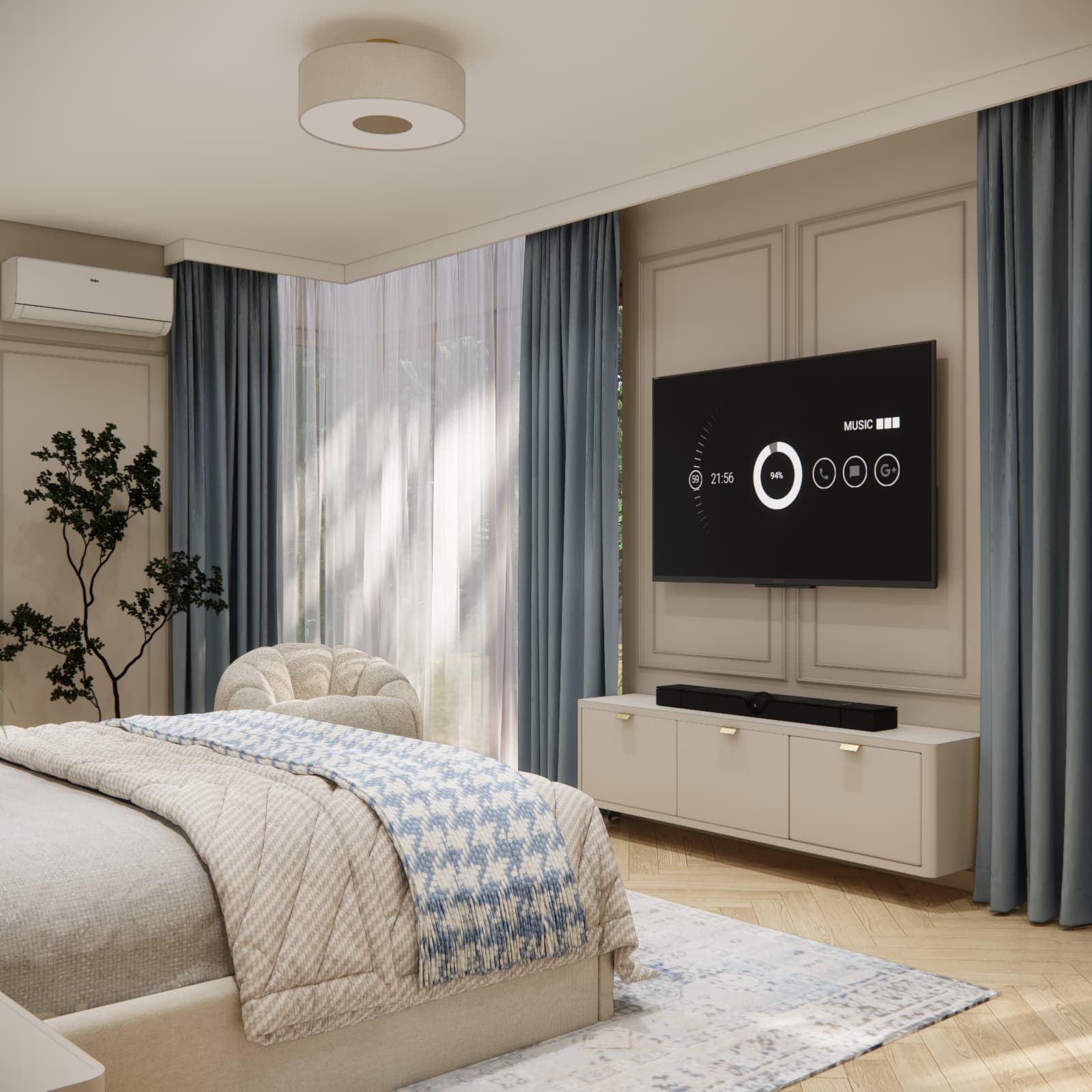 Television on a beige wall with decorative mouldings, above a light-coloured TV unit and between blue curtains.