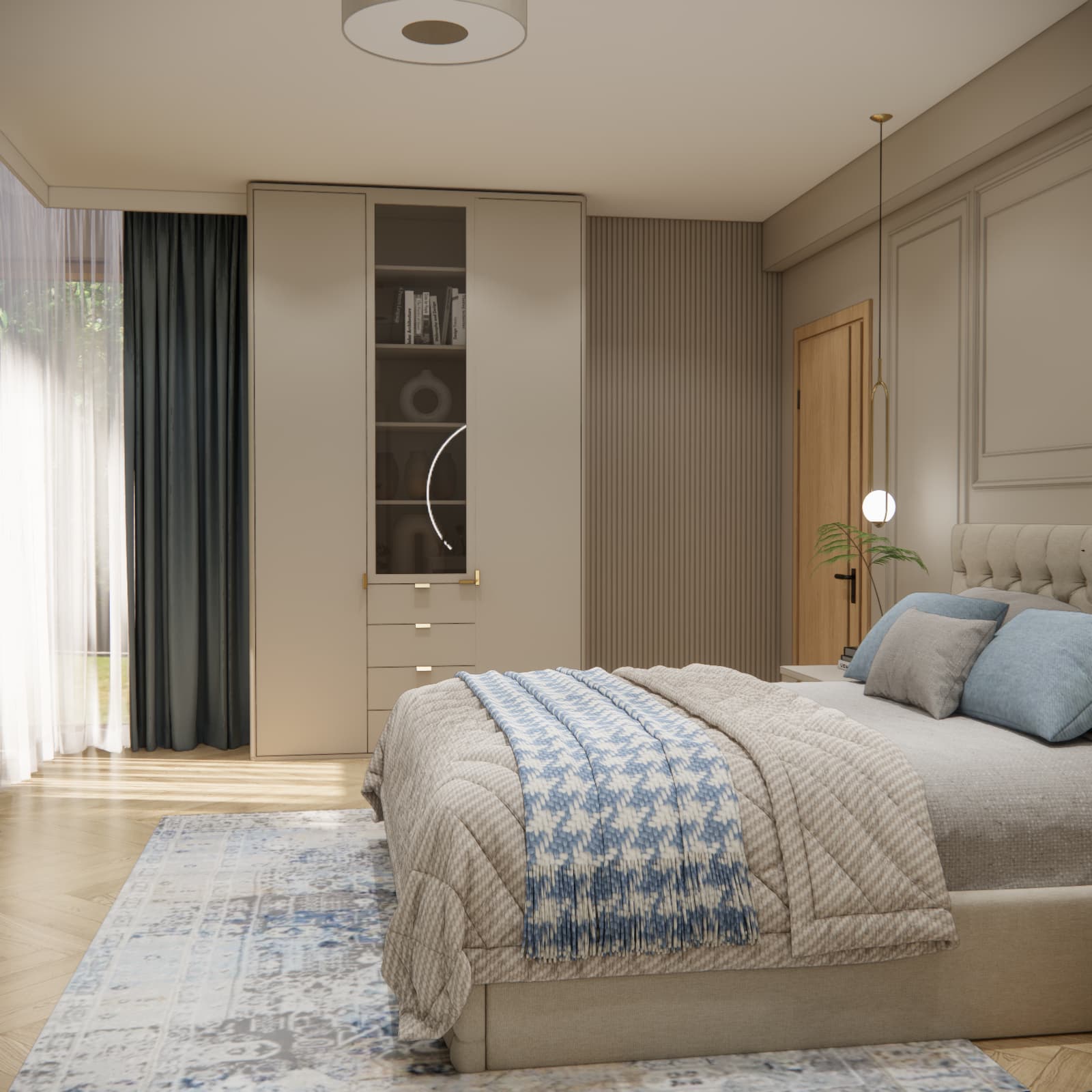 Sypialnia modern classic z beżową szafą, ryflowaną ścianą, drzwiami w kolorze drewna i błękitnymi dodatkami na łóżku.