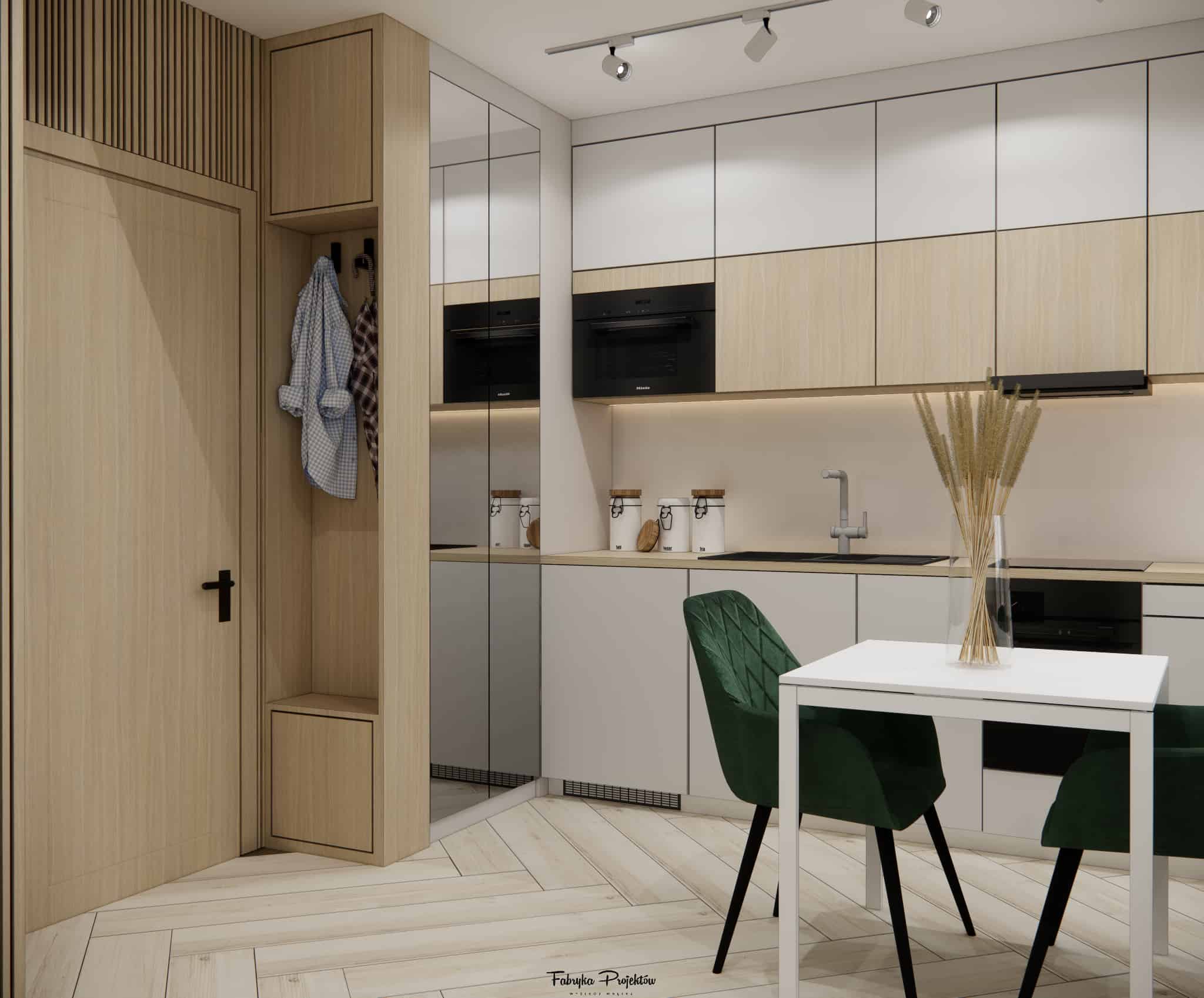 Kitchenette in a 15m2 living room with white and wooden cabinetry, lacobel and LED lighting